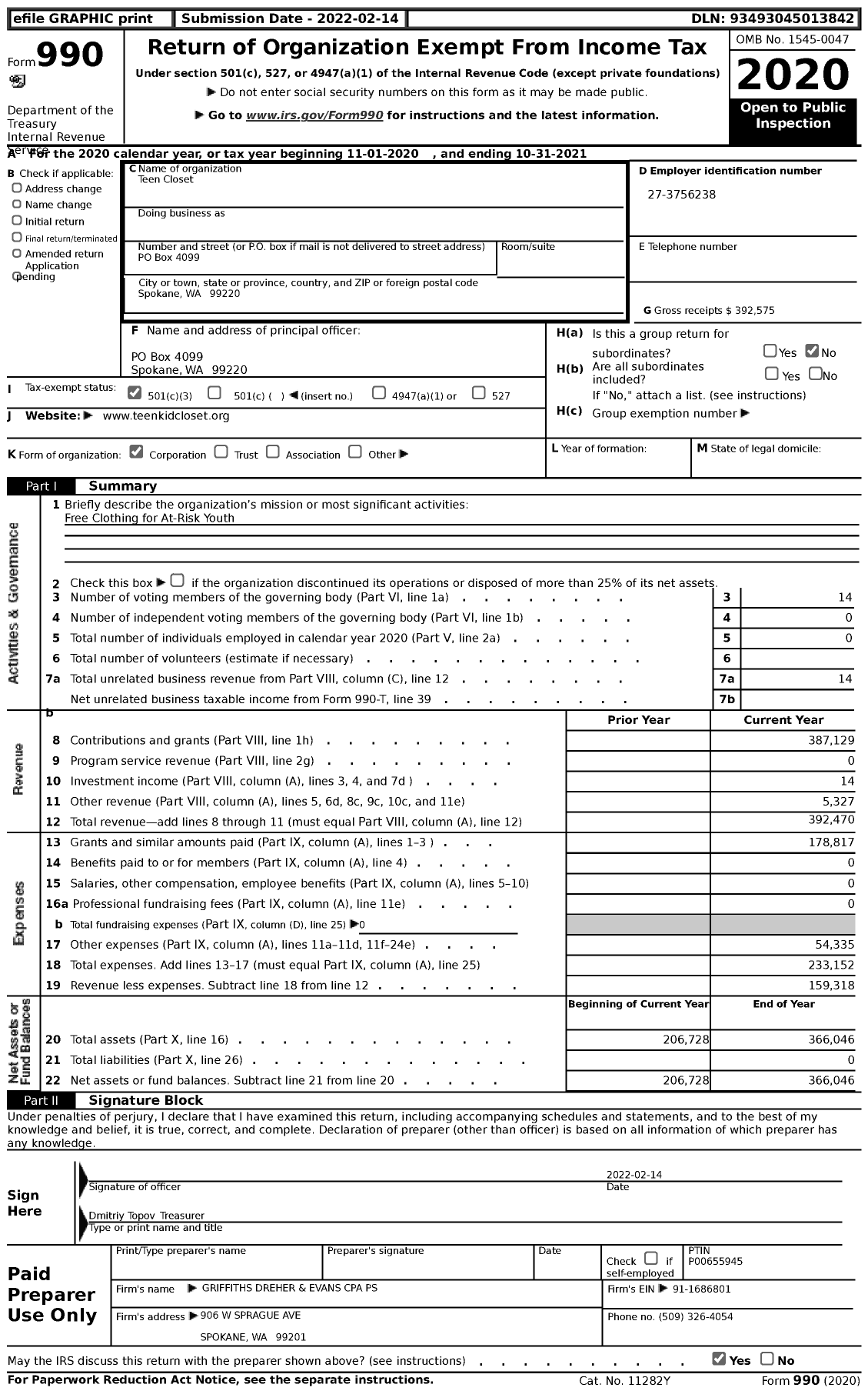 Image of first page of 2020 Form 990 for Teen Closet