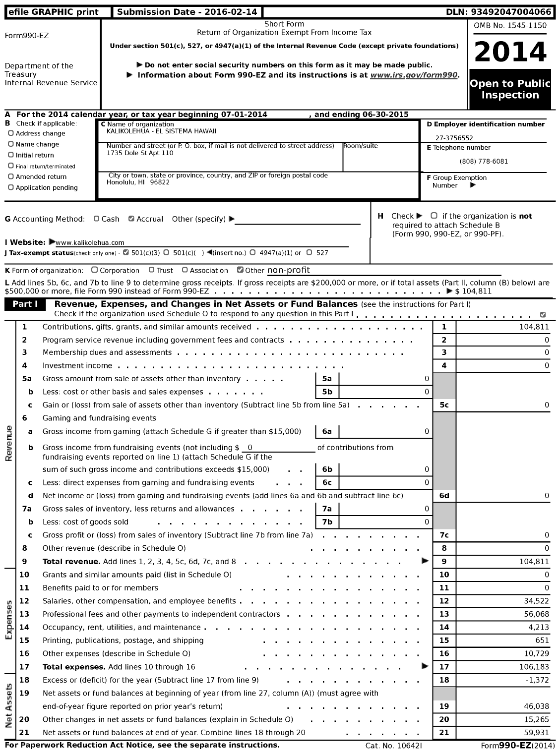 Image of first page of 2014 Form 990EZ for Kalikolehua - El Sistema Hawaii