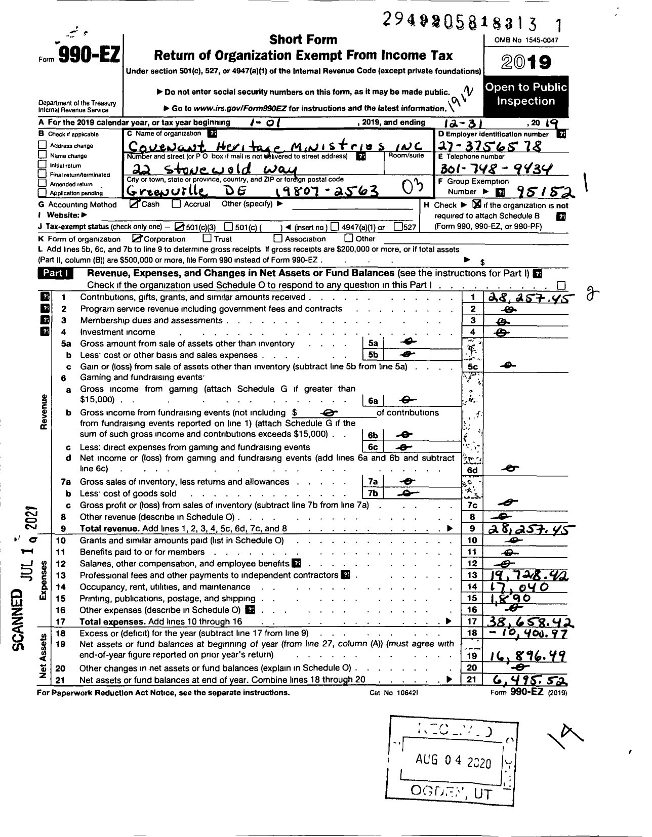 Image of first page of 2019 Form 990EZ for Covenant Heritage Ministries