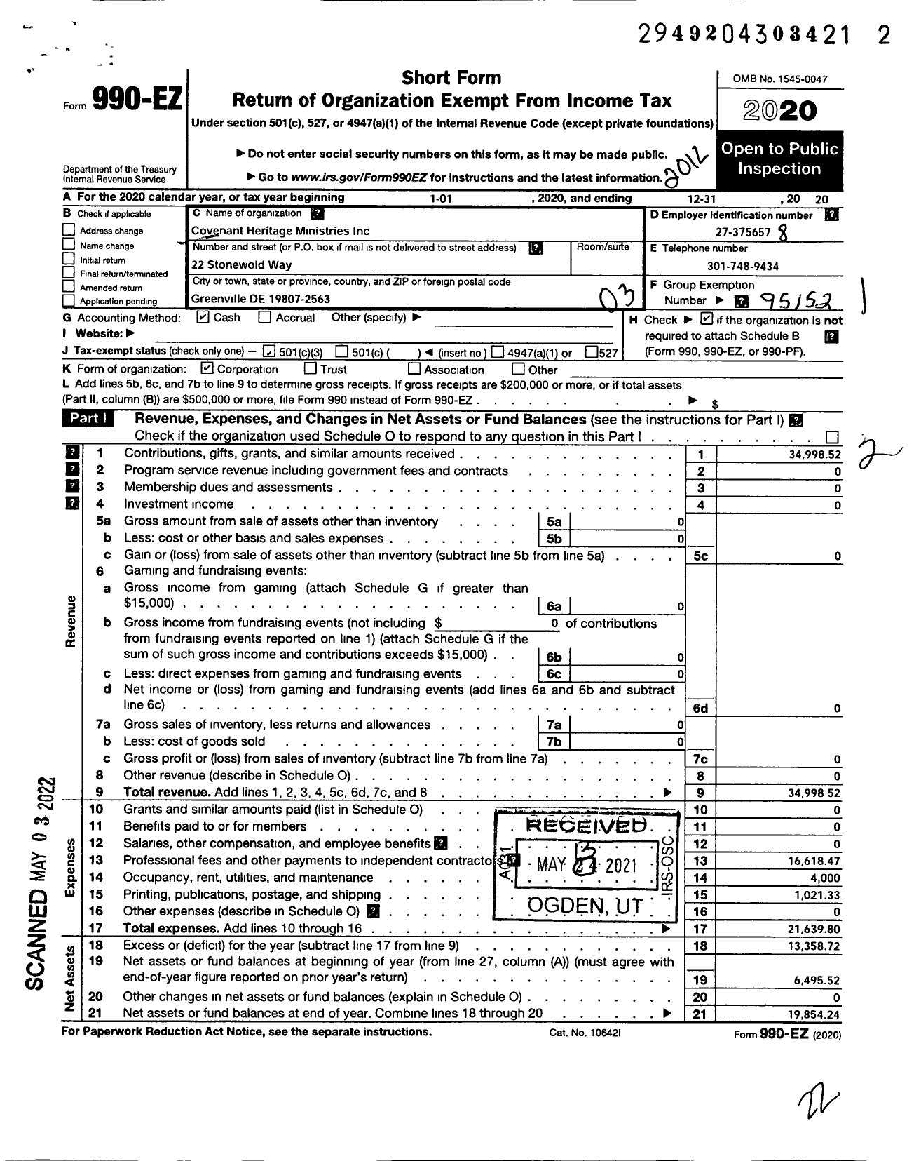 Image of first page of 2020 Form 990EZ for Covenant Heritage Ministries