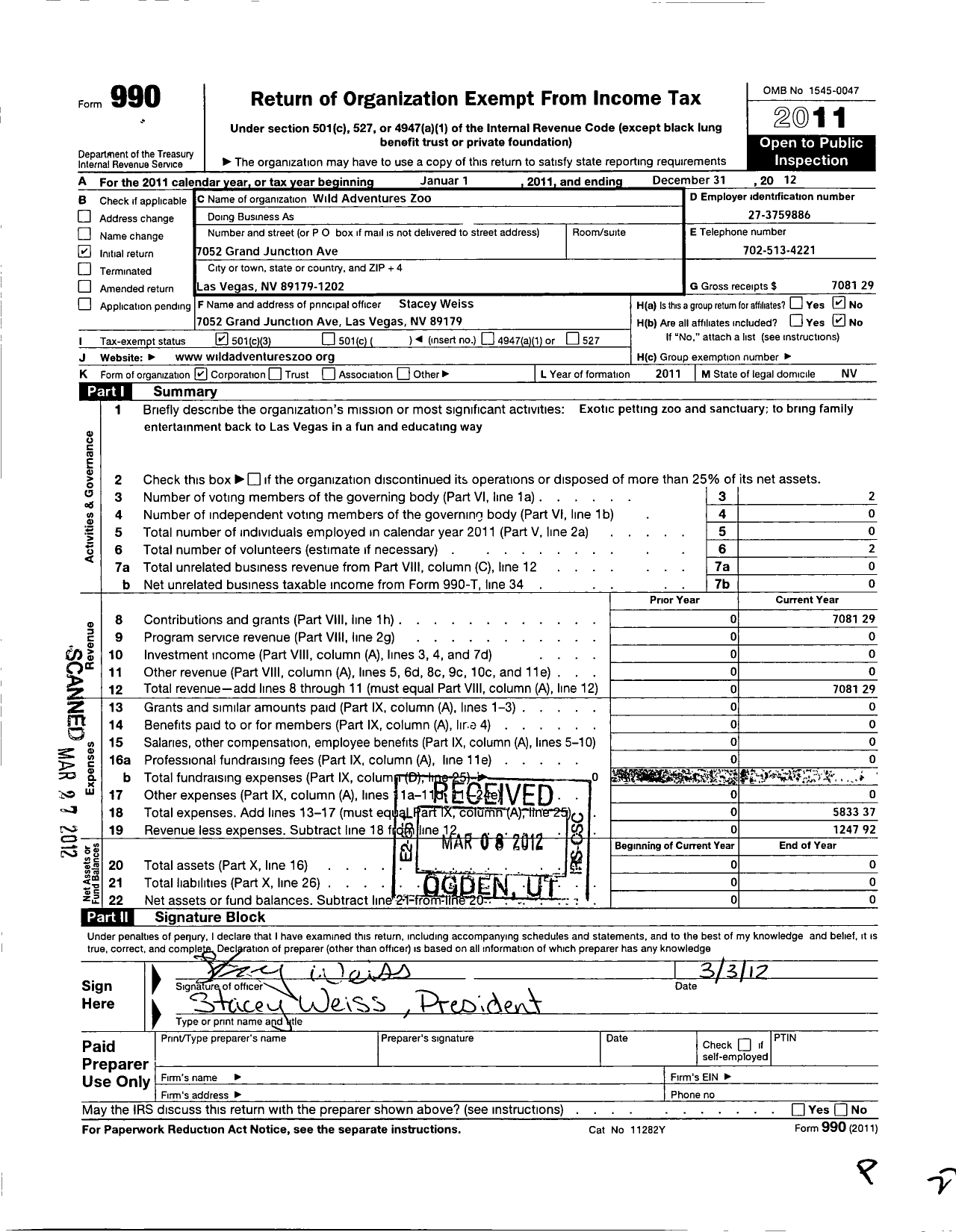 Image of first page of 2012 Form 990 for Wild Adventures Zoo