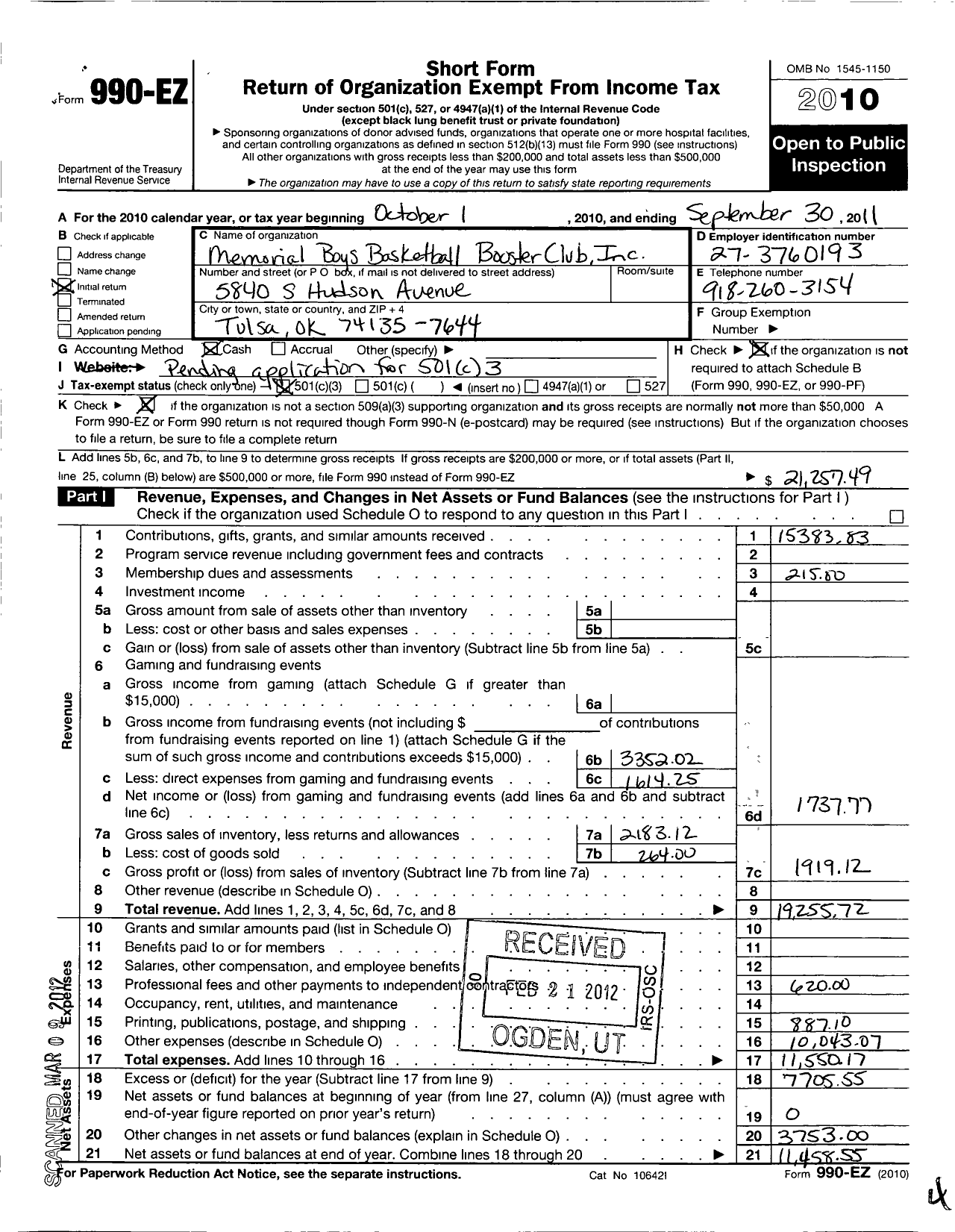 Image of first page of 2010 Form 990EZ for Memorial Boys Basketball Booster Club