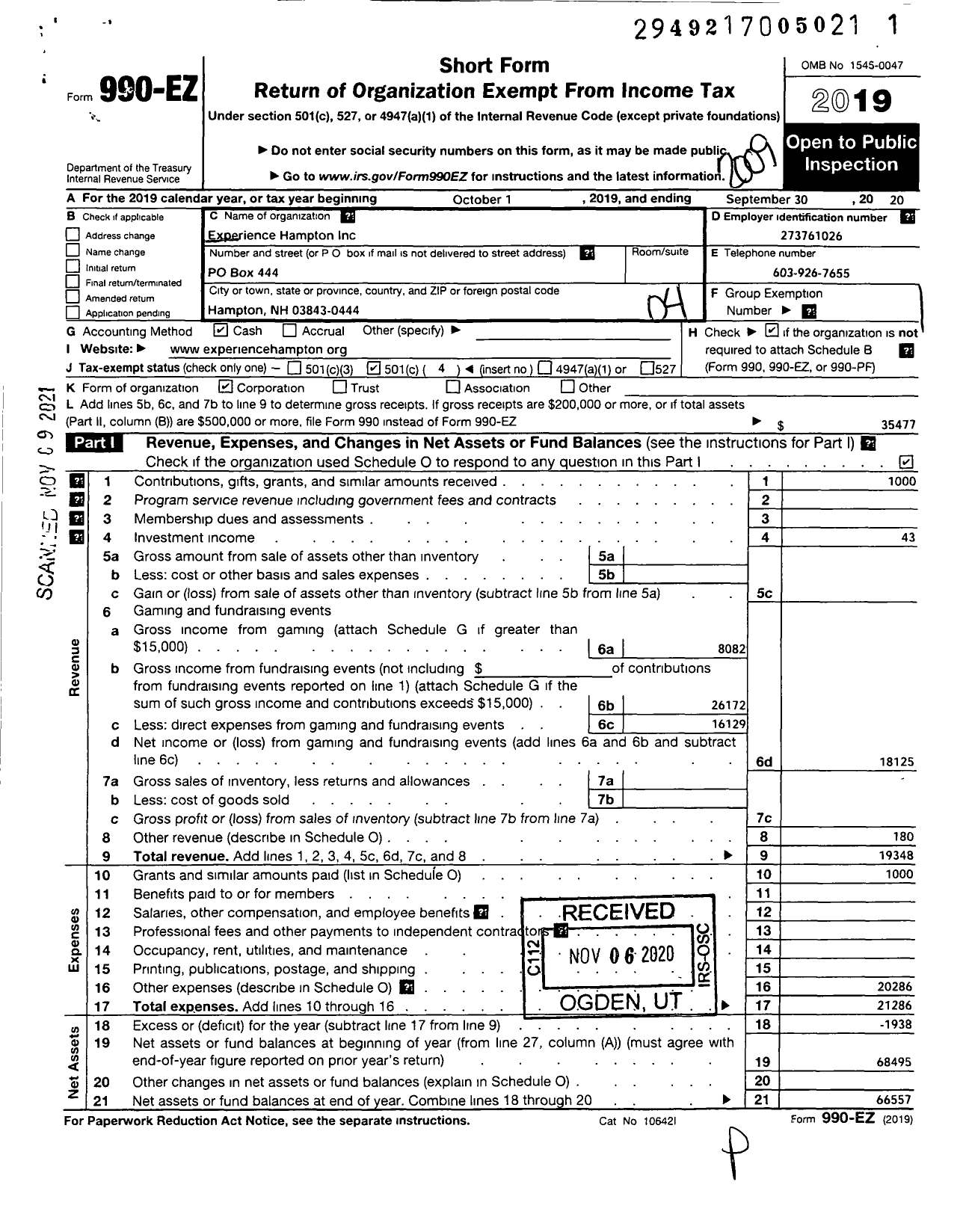 Image of first page of 2019 Form 990EO for Experience Hampton