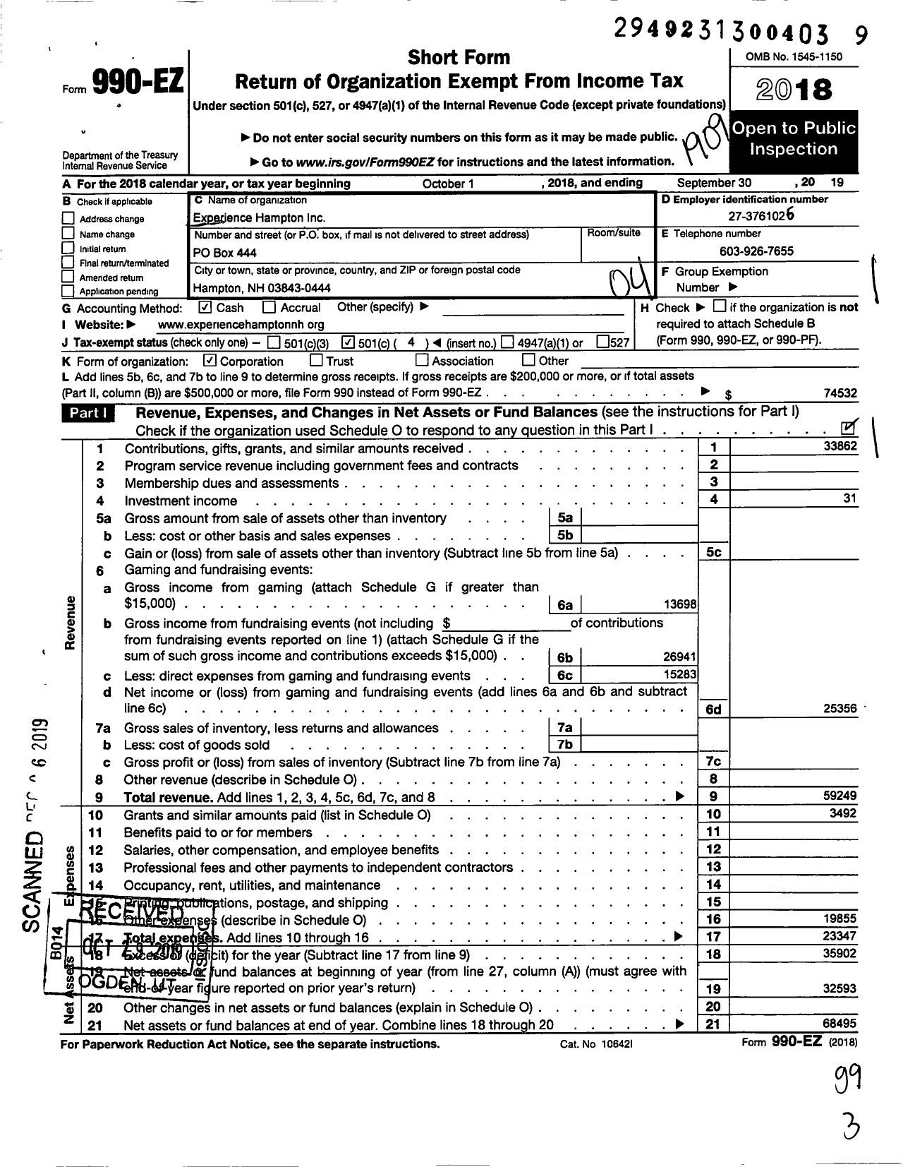 Image of first page of 2018 Form 990EO for Experience Hampton