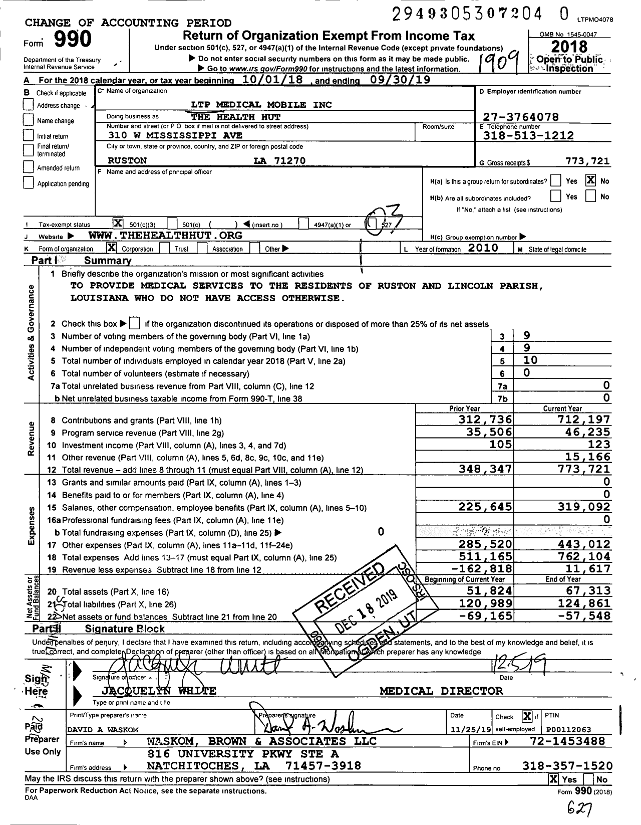 Image of first page of 2018 Form 990 for LTP Medical Mobile