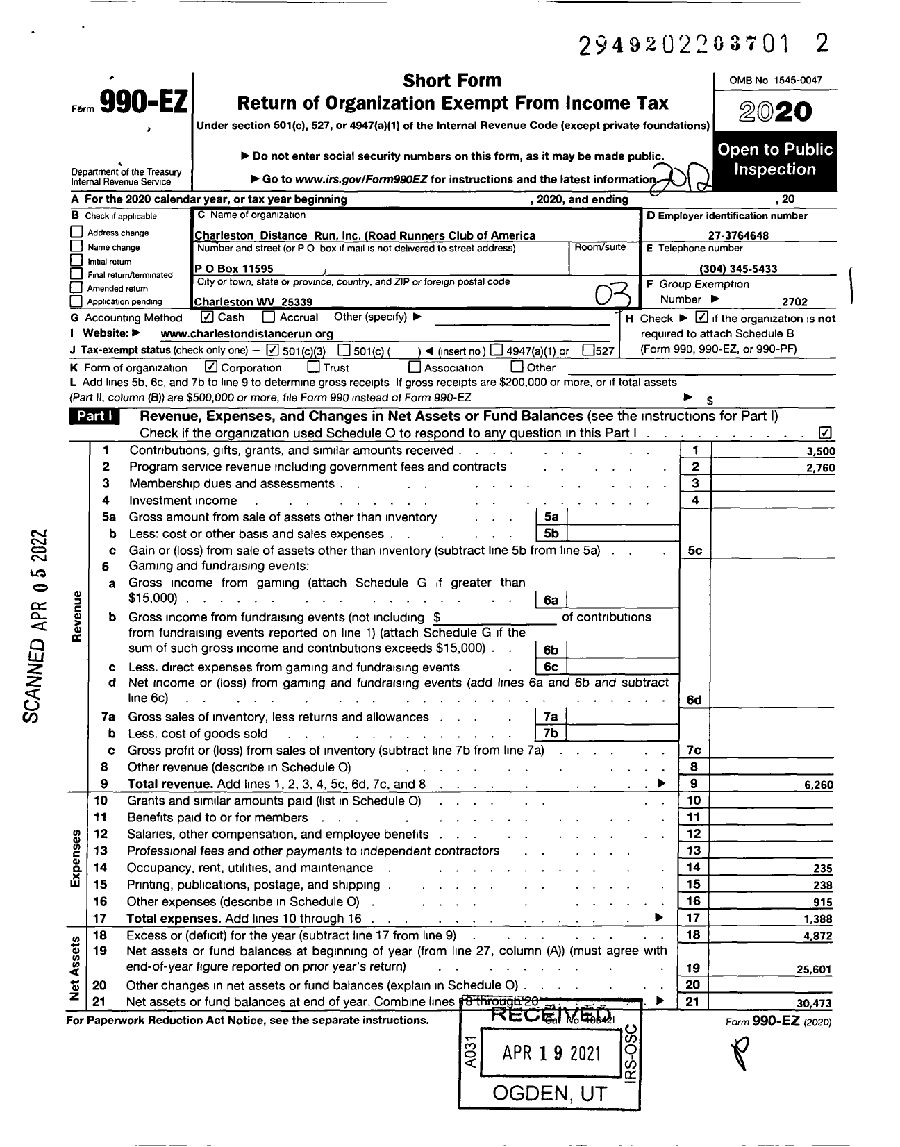 Image of first page of 2020 Form 990EZ for Charleston Distance Run ROAD RUNNERS CLUB OF AMERICA