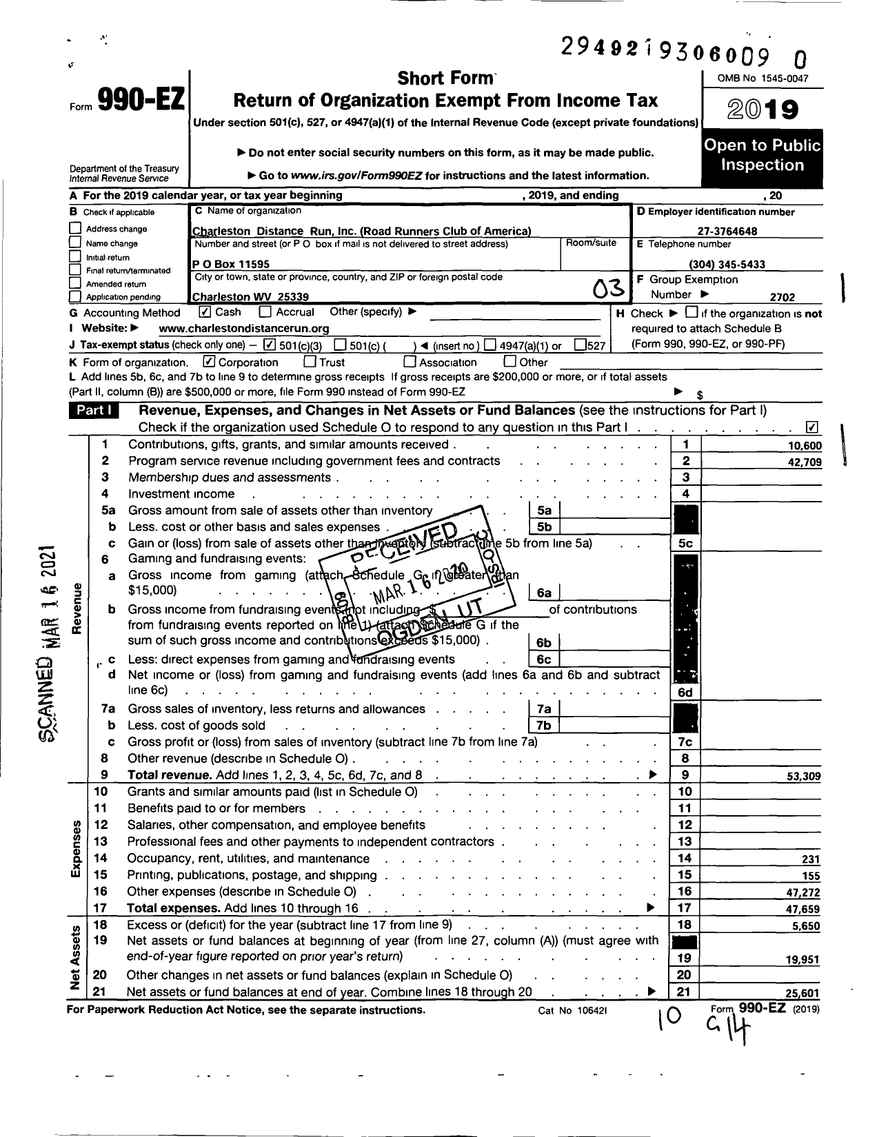 Image of first page of 2019 Form 990EZ for Charleston Distance Run ROAD RUNNERS CLUB OF AMERICA