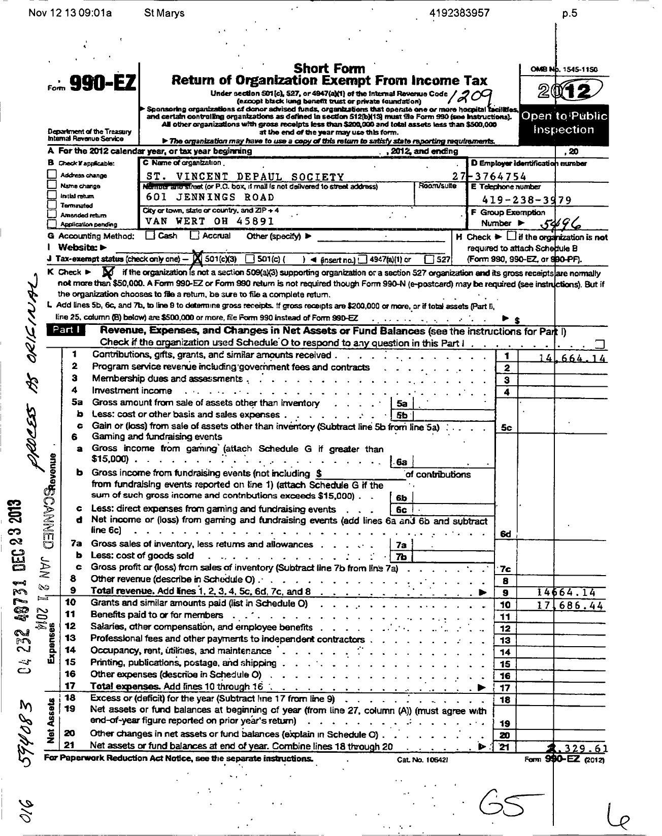 Image of first page of 2011 Form 990EZ for St Marys Van Wert