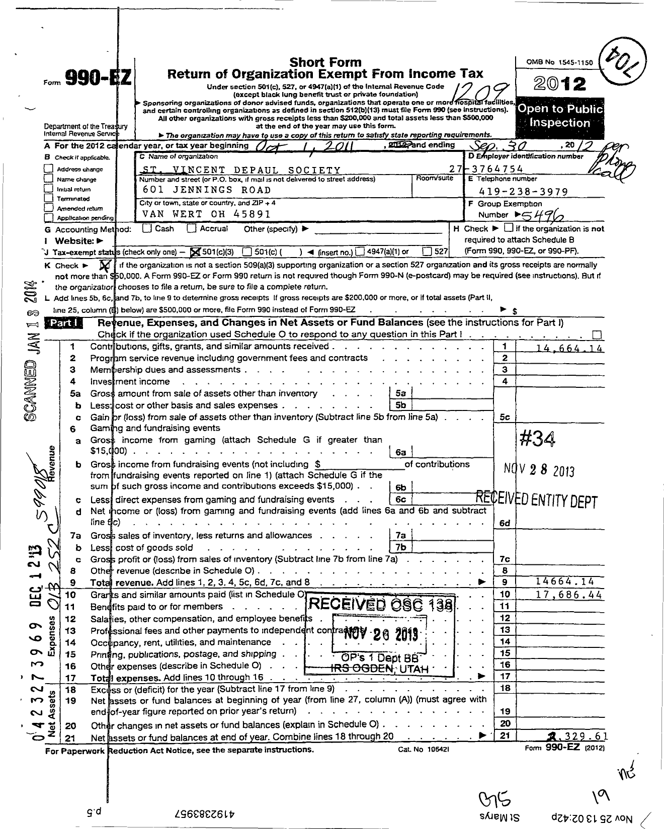 Image of first page of 2011 Form 990EZ for St Marys Van Wert