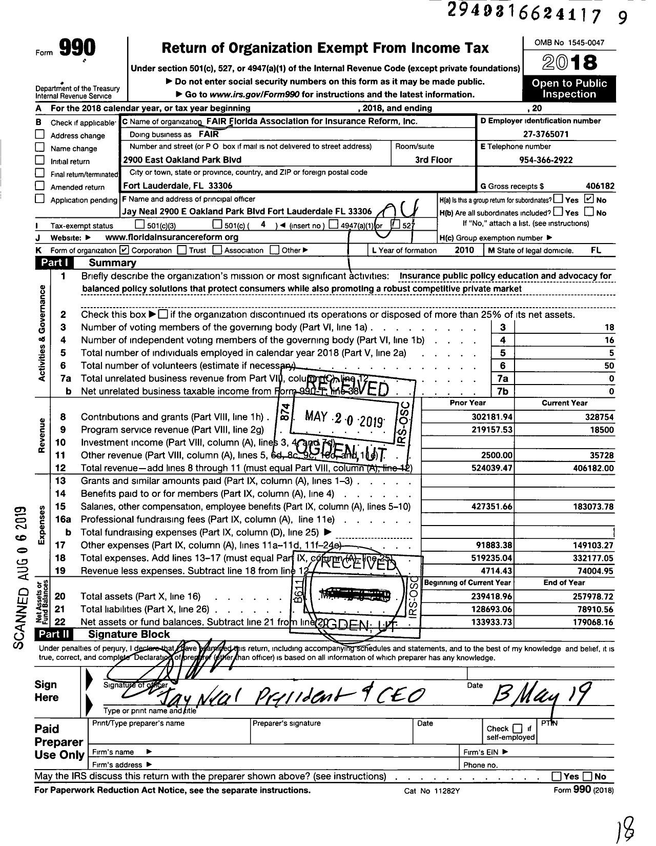 Image of first page of 2018 Form 990O for Federal Association for Insurance Reform