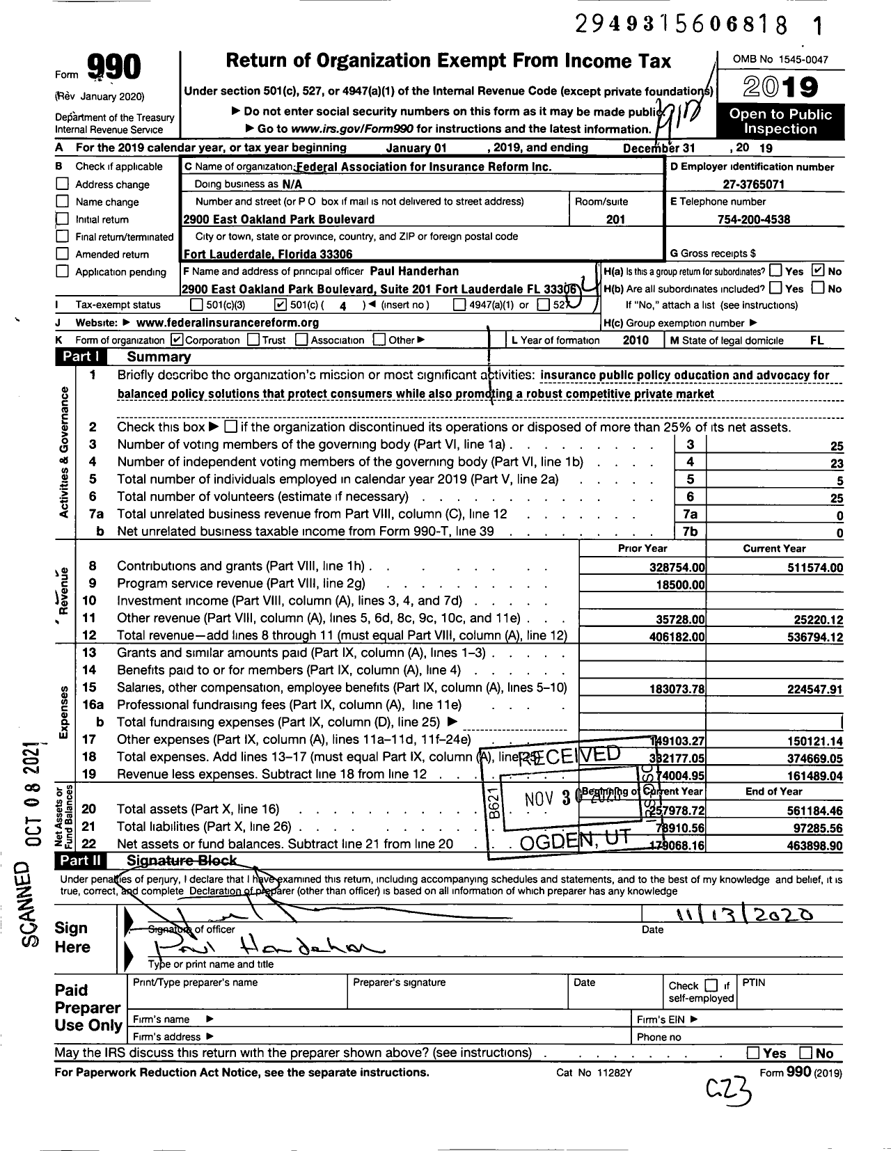 Image of first page of 2019 Form 990O for Federal Association for Insurance Reform