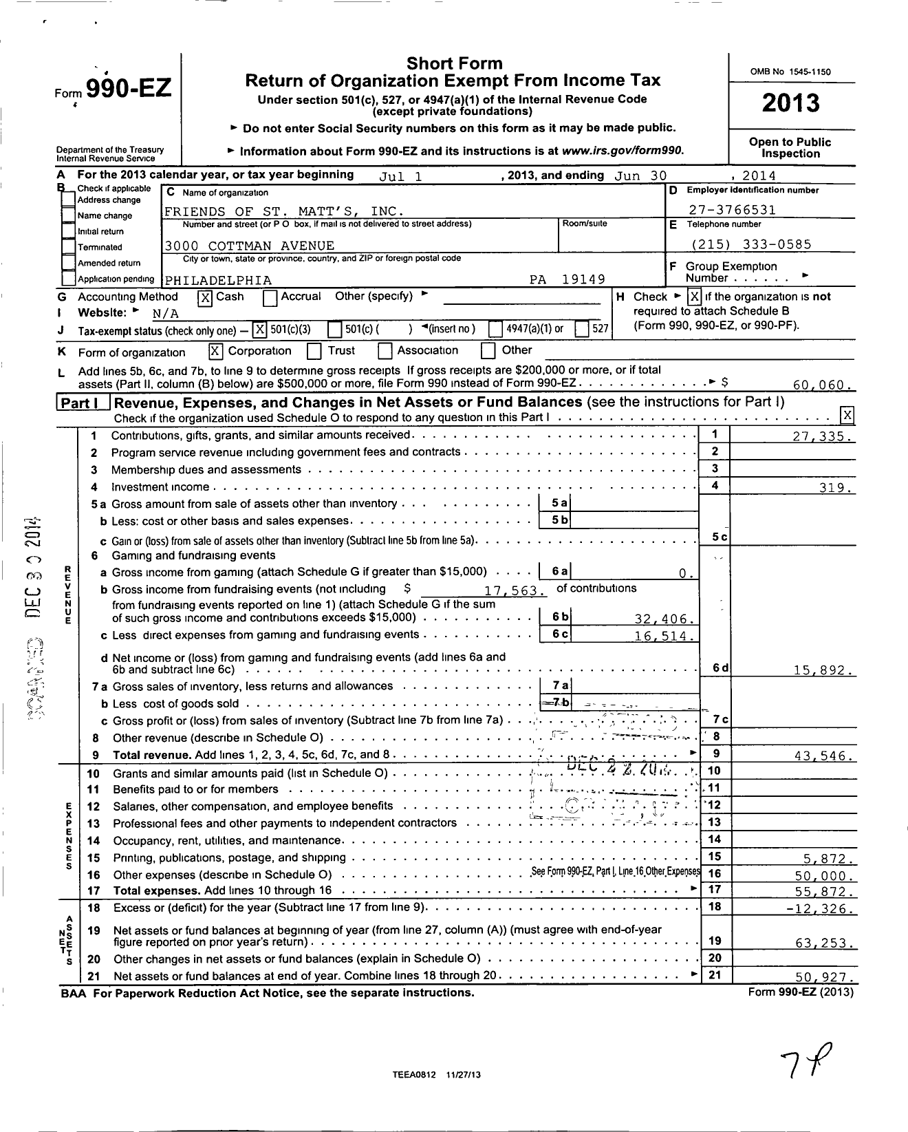 Image of first page of 2013 Form 990EZ for Friends of St Matts