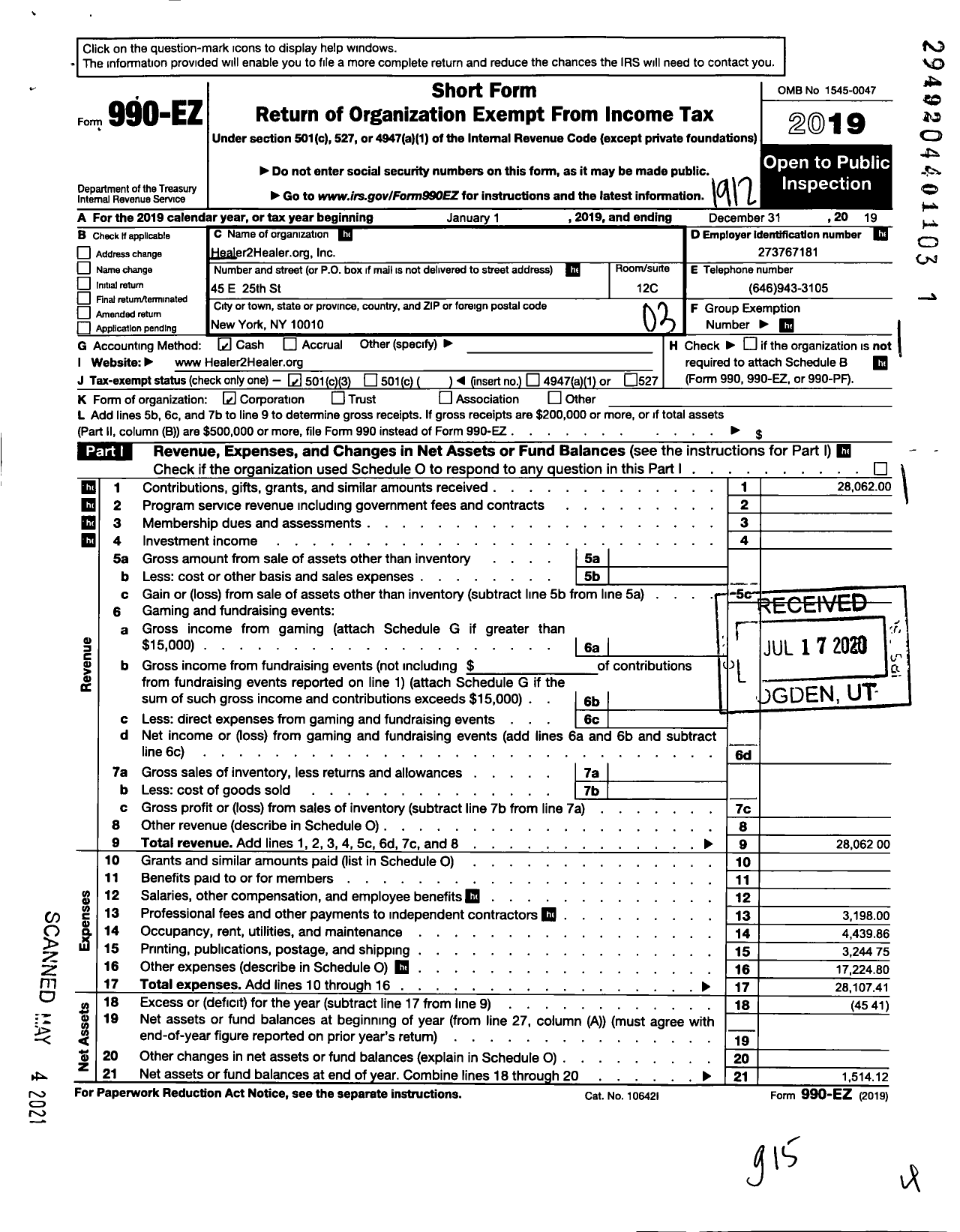 Image of first page of 2019 Form 990EZ for Healer2healer