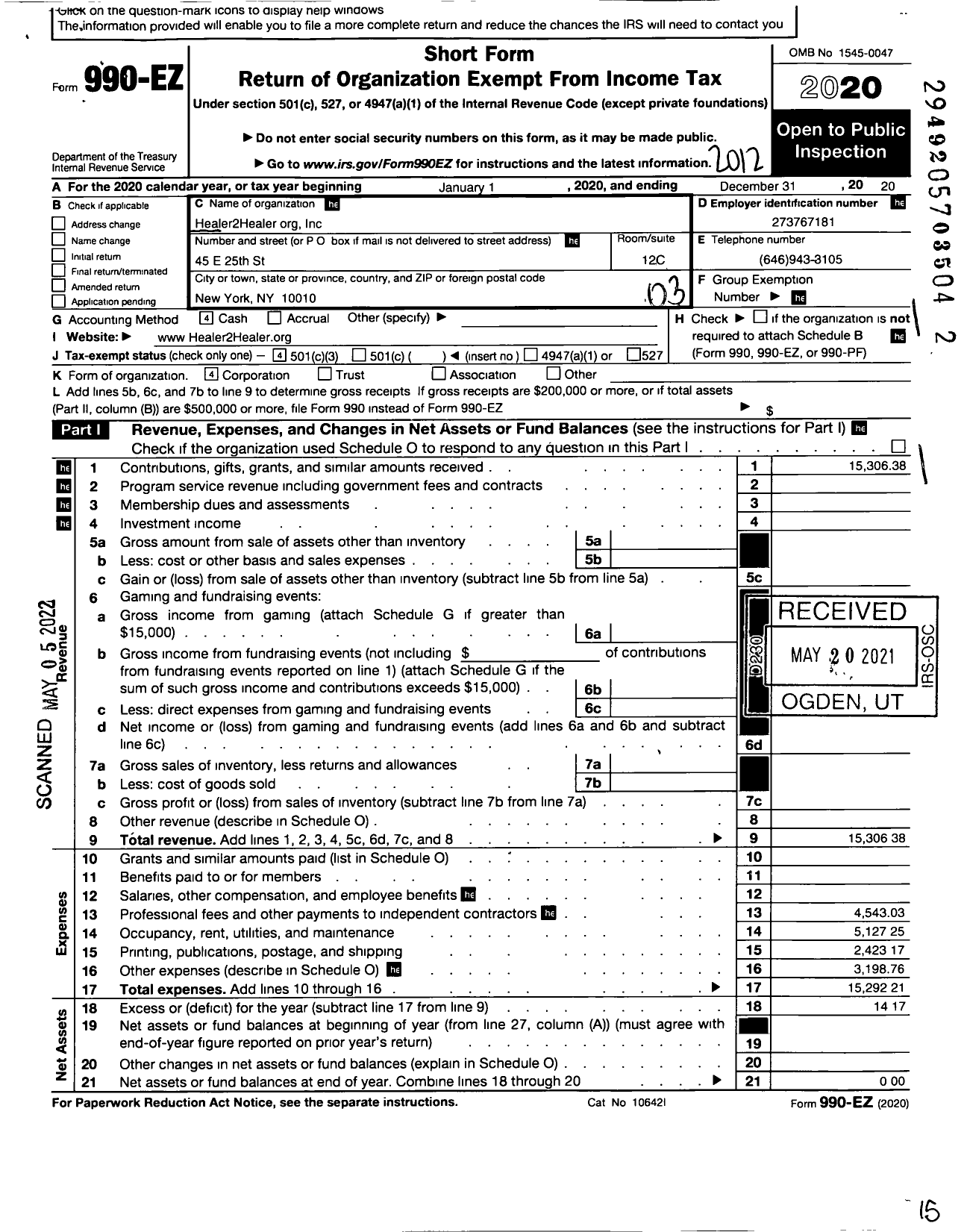 Image of first page of 2020 Form 990EZ for Healer2healer