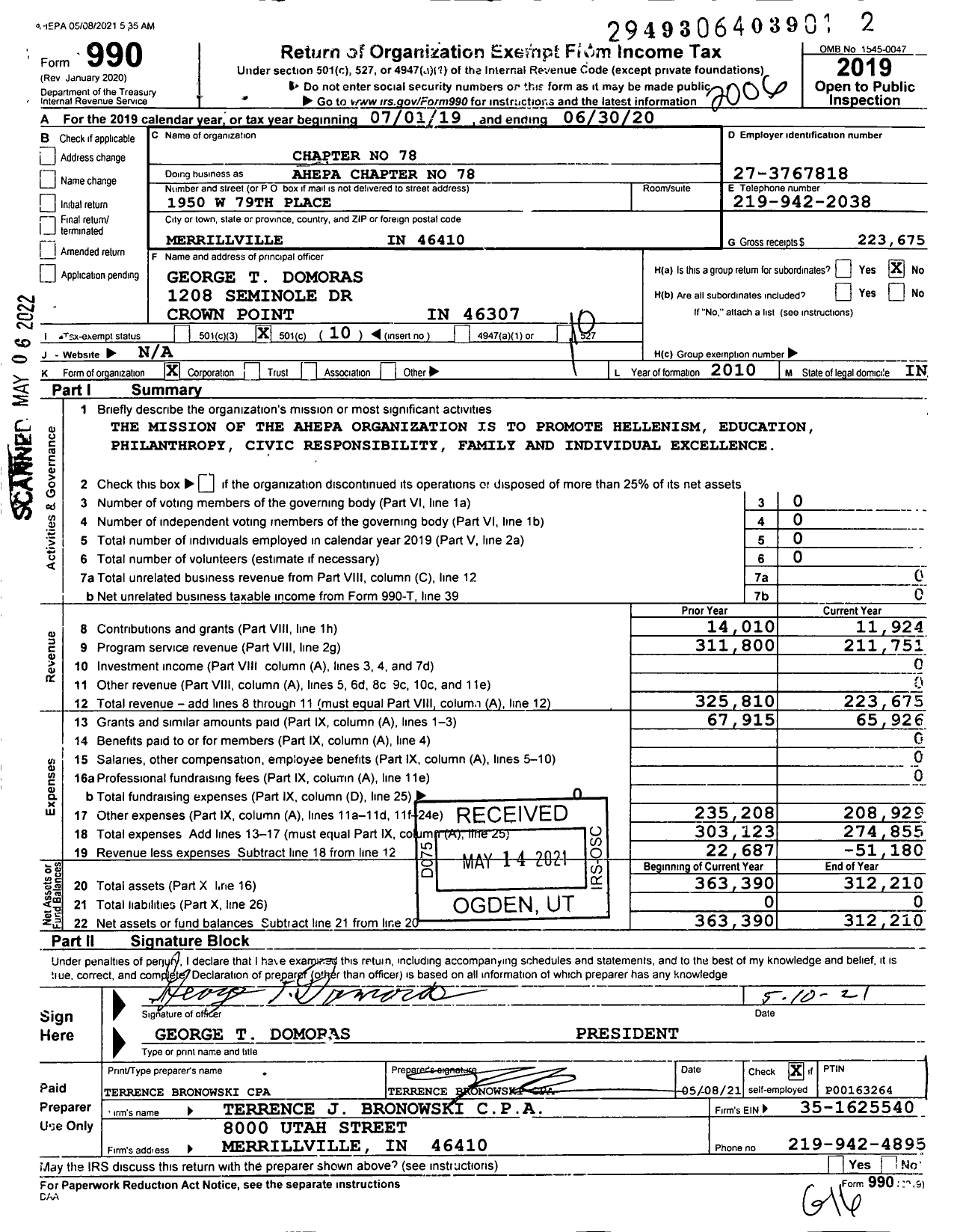 Image of first page of 2019 Form 990O for Chapter No 78 - Ahepa Chapter No 78