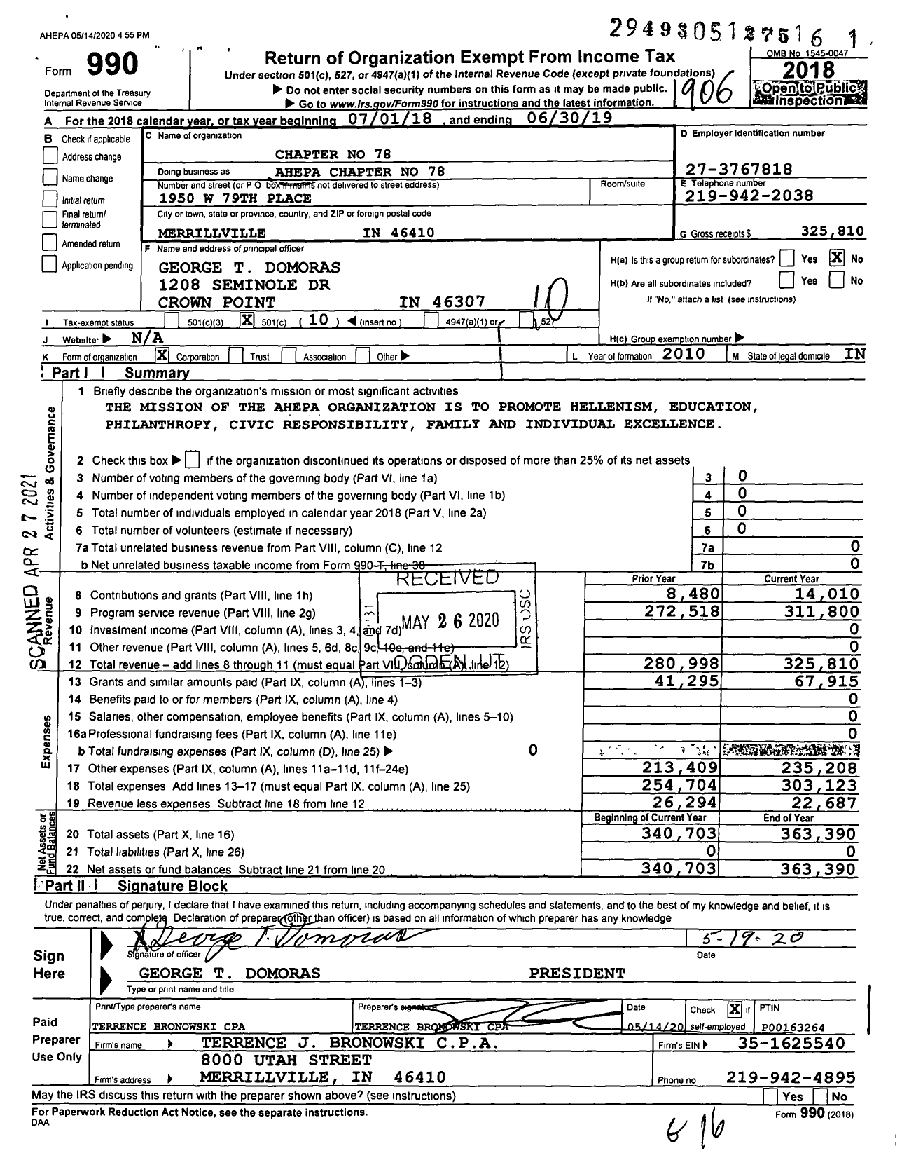 Image of first page of 2018 Form 990O for Chapter No 78 - Ahepa Chapter No 78