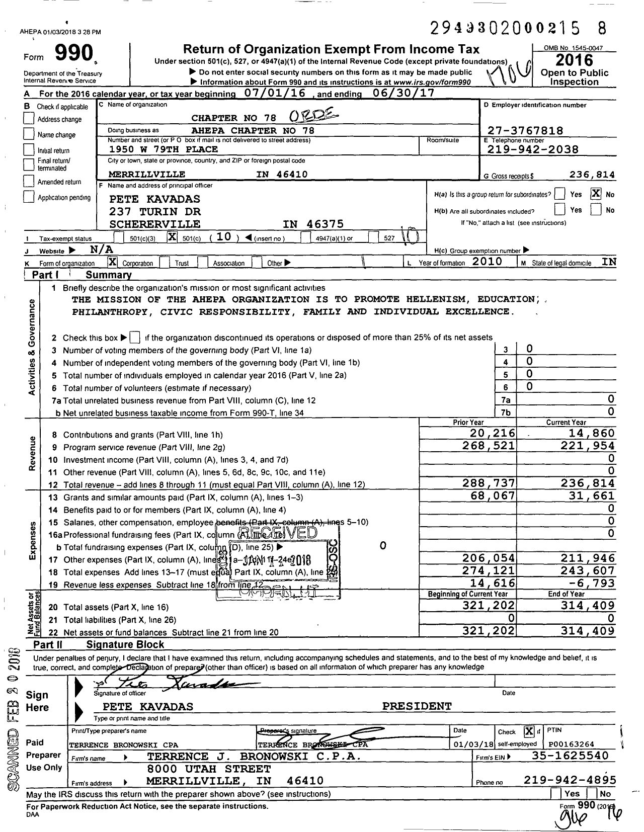 Image of first page of 2016 Form 990O for Chapter No 78 - Ahepa Chapter No 78