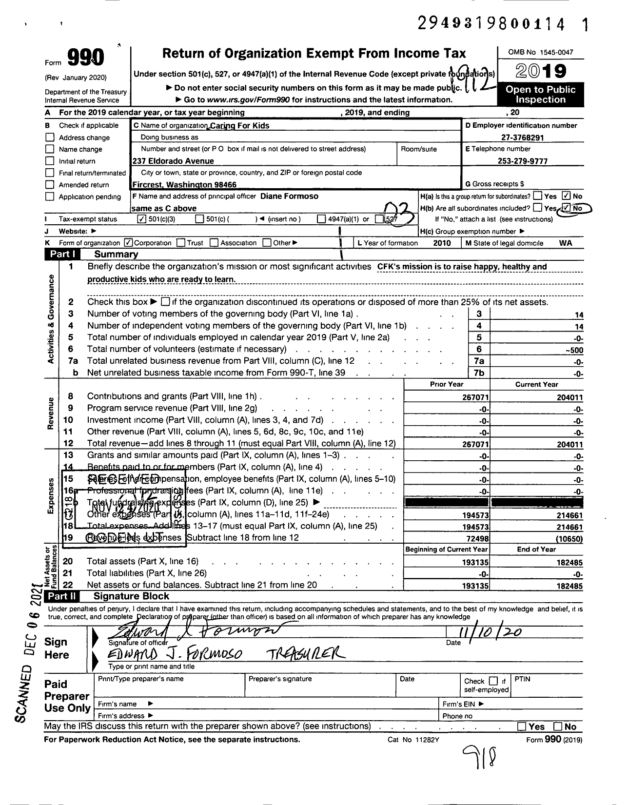 Image of first page of 2019 Form 990 for Caring for Kids