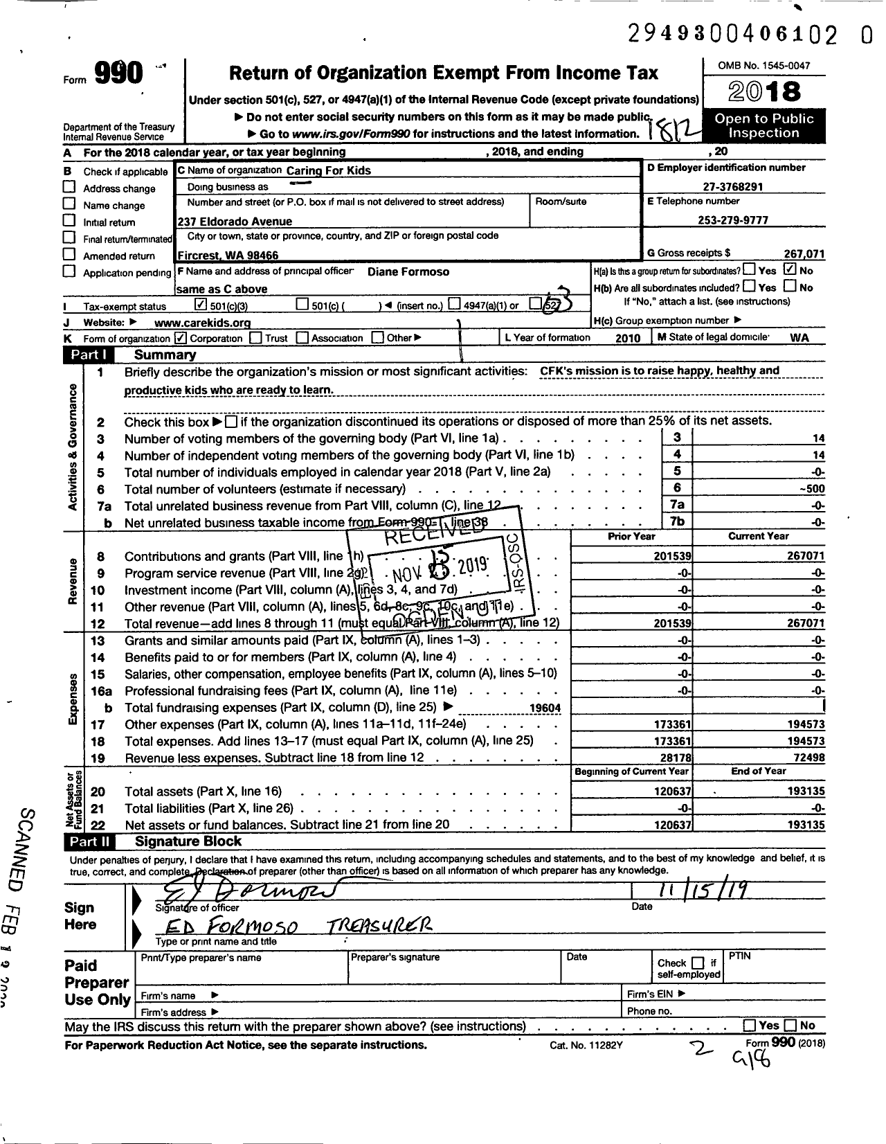 Image of first page of 2018 Form 990 for Caring for Kids