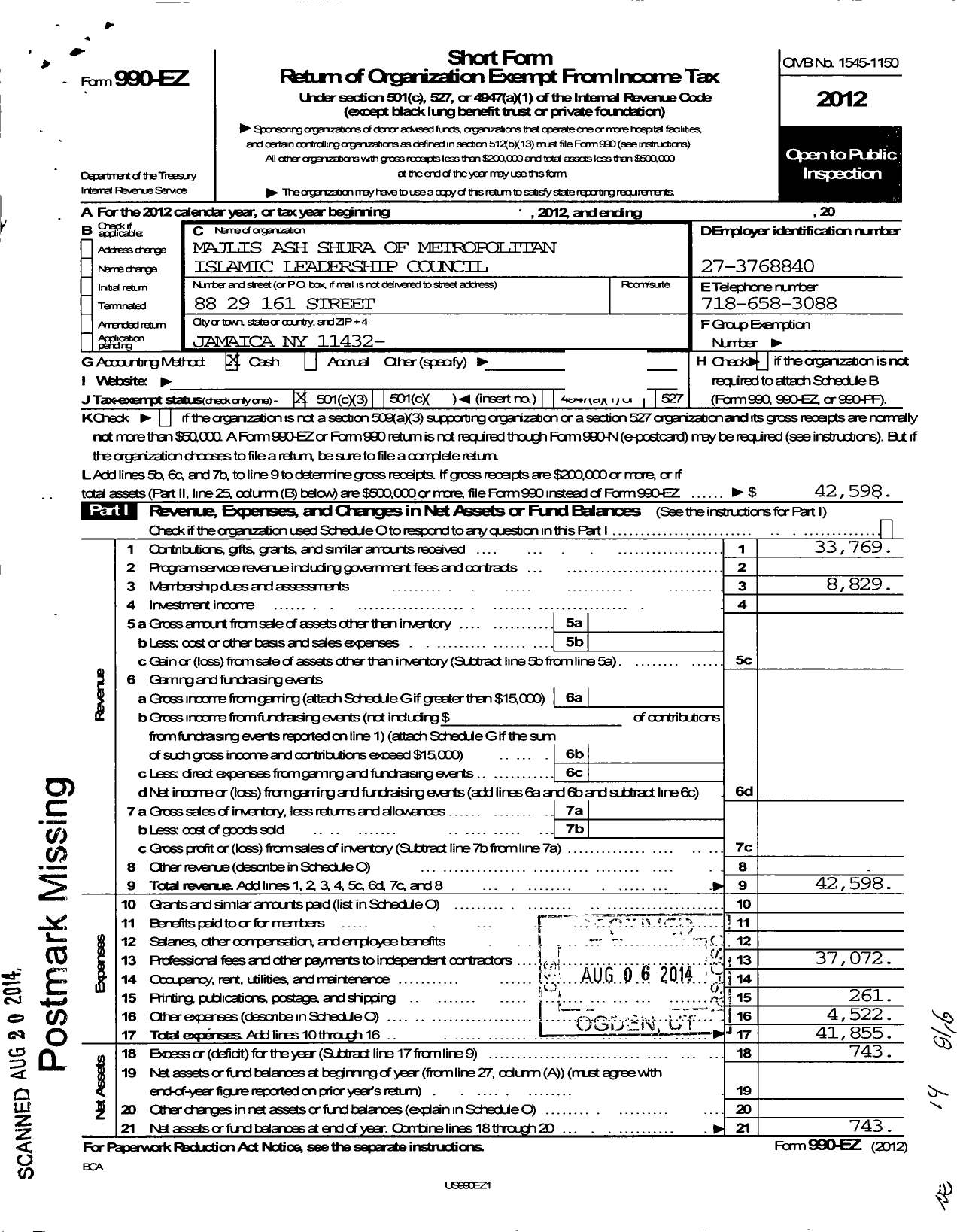 Image of first page of 2012 Form 990EZ for Majlis Ash-Shura of Metropolitan New York