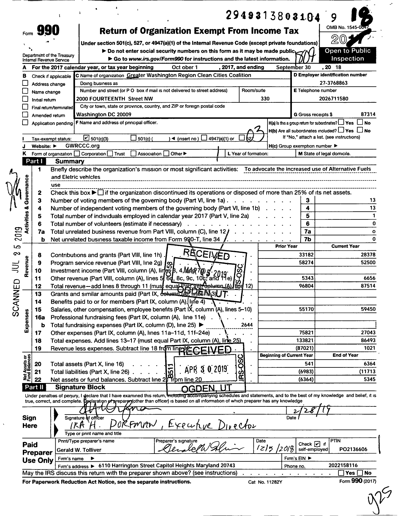 Image of first page of 2017 Form 990 for Greater Washington Region Clean Cities Coalition