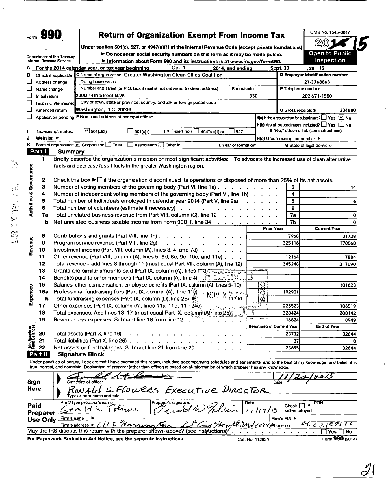 Image of first page of 2014 Form 990 for Greater Washington Region Clean Cities Coalition