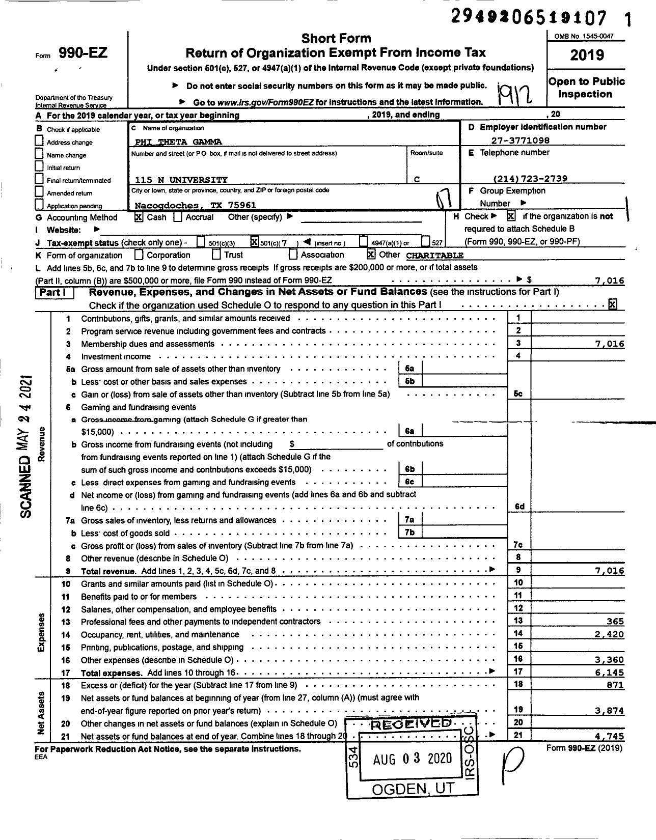 Image of first page of 2019 Form 990EO for Phi Theta Gamma