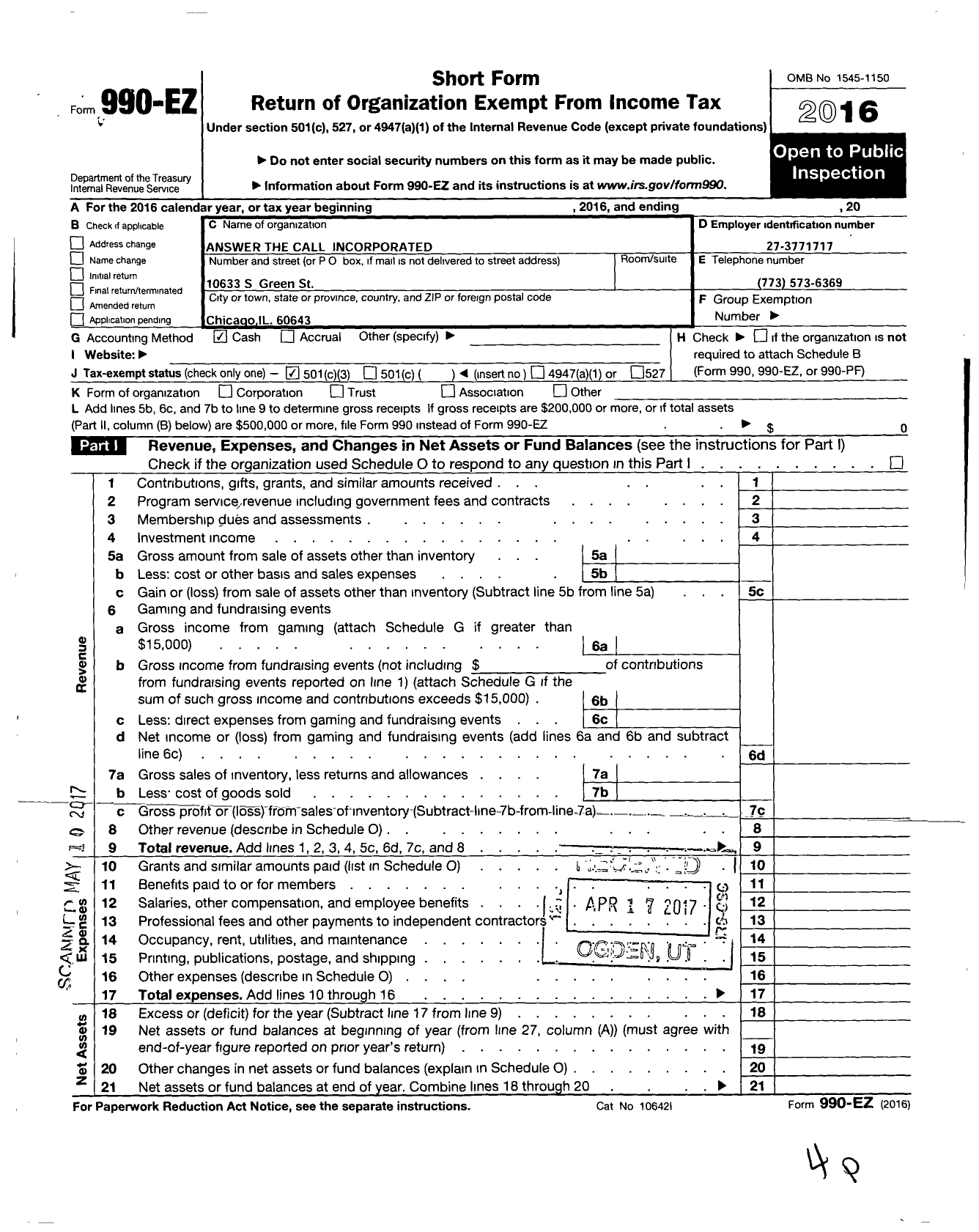 Image of first page of 2016 Form 990EZ for Answer the Call / Atc (ATC)