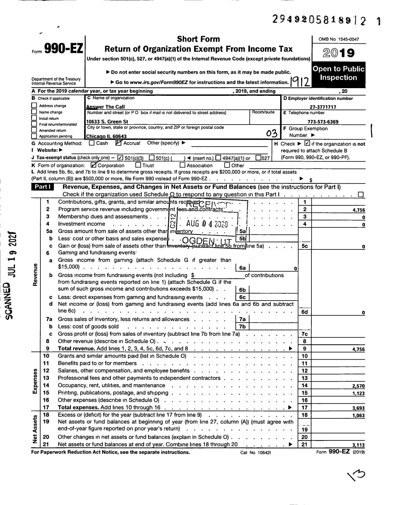 Image of first page of 2019 Form 990EZ for Answer the Call / Atc (ATC)