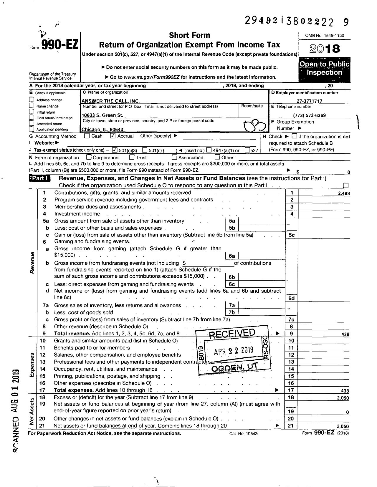 Image of first page of 2018 Form 990EZ for Answer the Call / Atc (ATC)