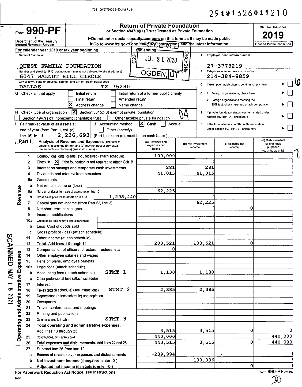 Image of first page of 2019 Form 990PF for Quest Family Foundation