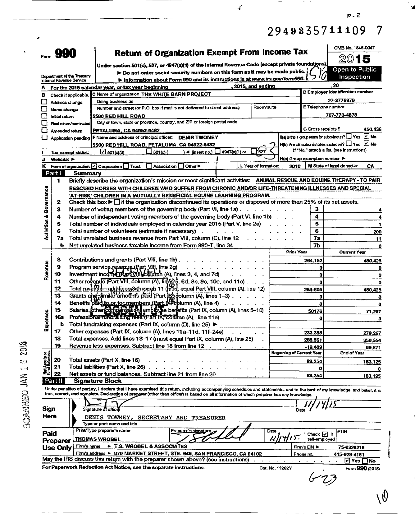 Image of first page of 2015 Form 990 for White Barn Project