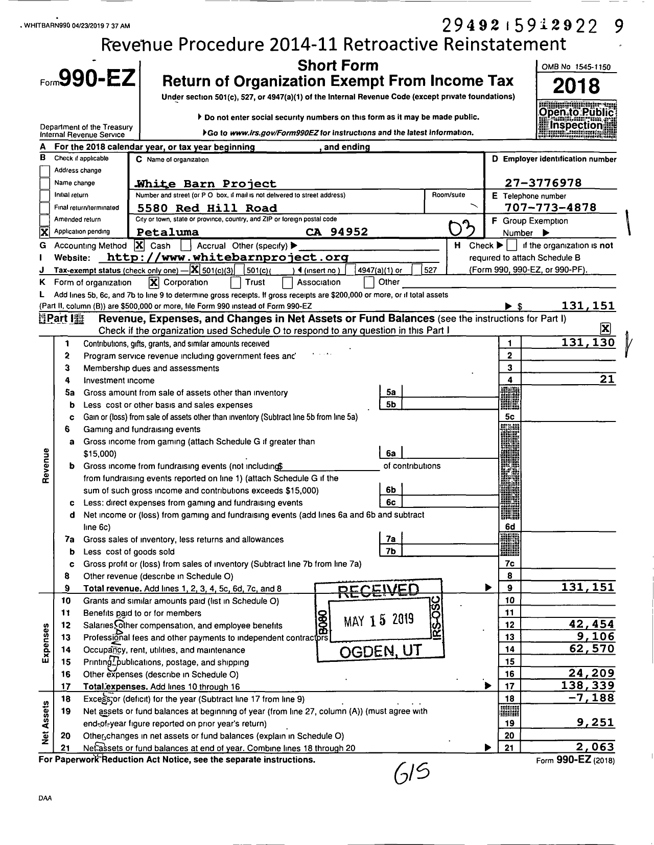 Image of first page of 2018 Form 990EZ for White Barn Project