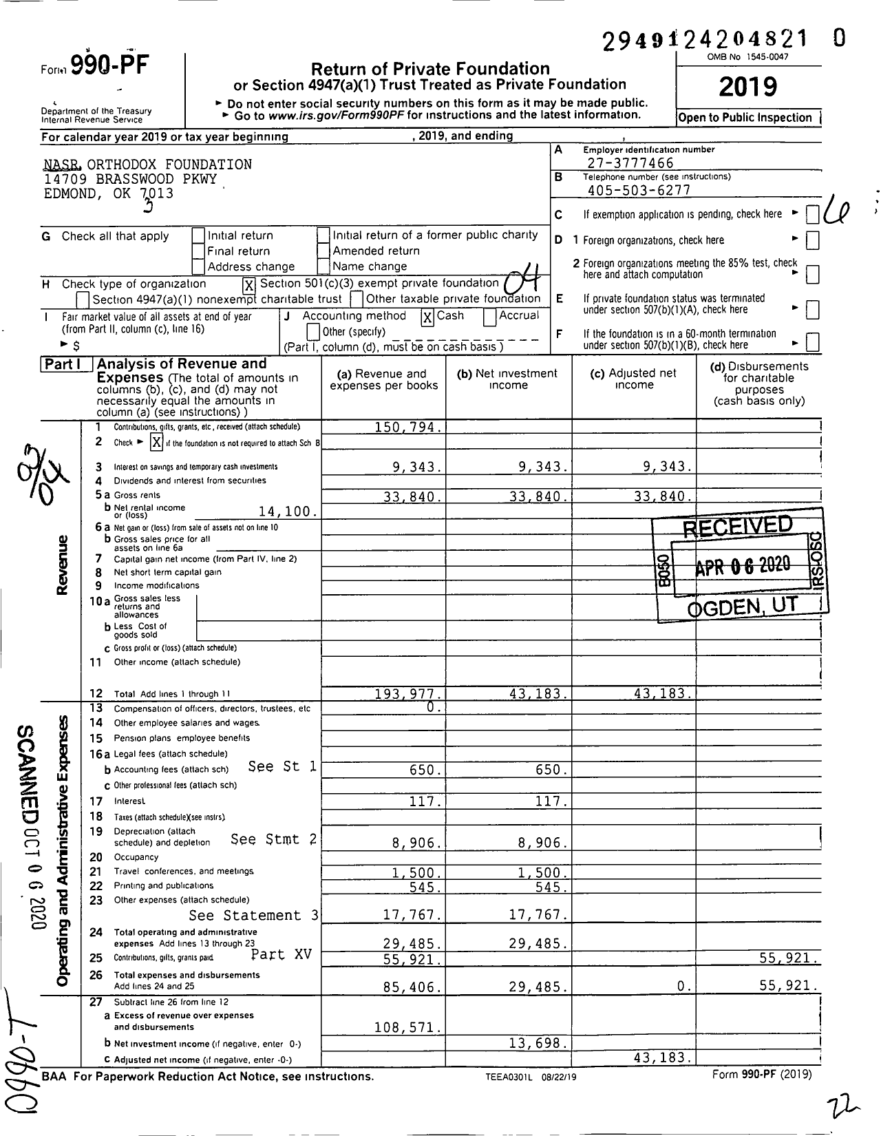 Image of first page of 2019 Form 990PR for Nasr Orthodox Foundation