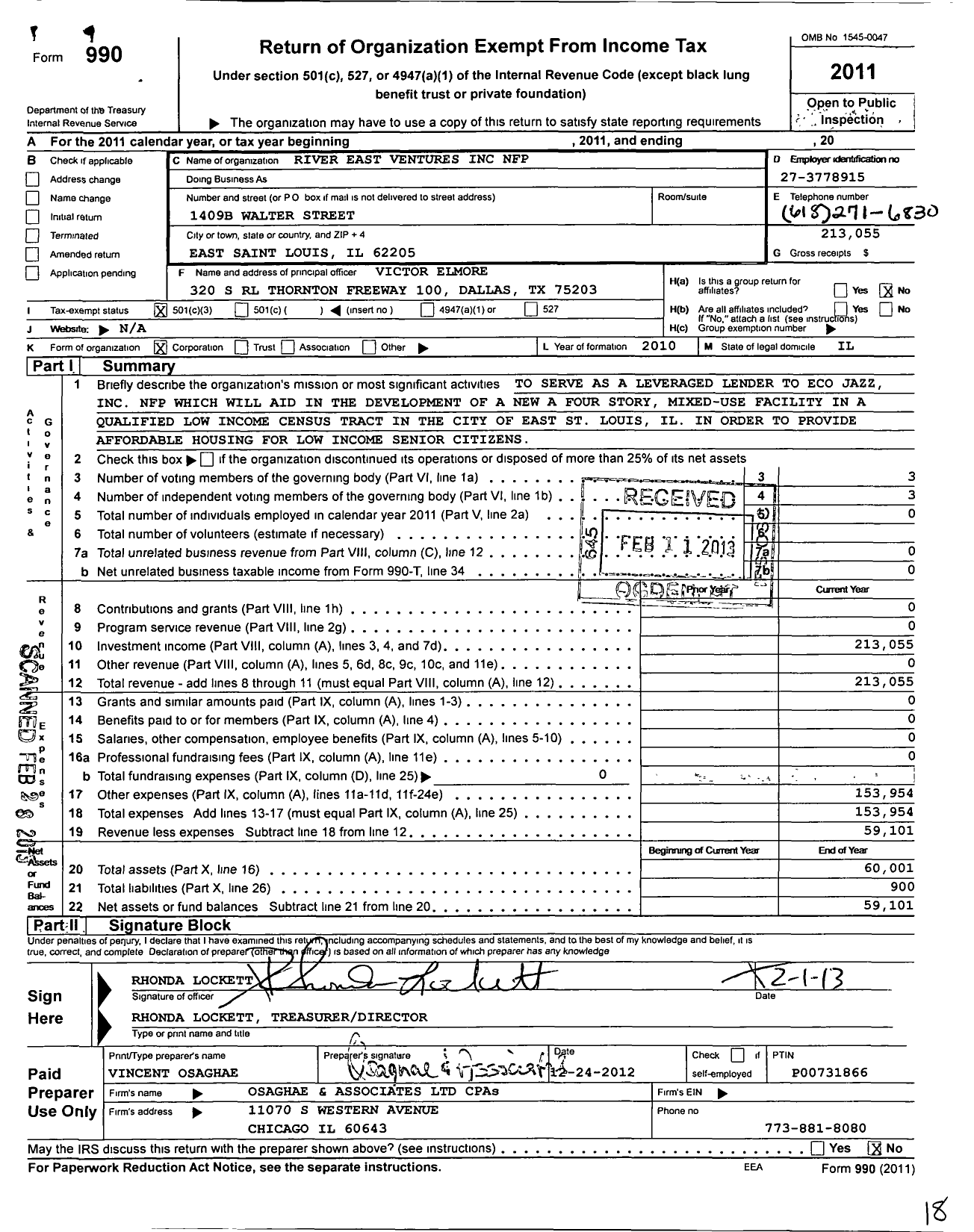 Image of first page of 2011 Form 990 for River East Ventures NFP