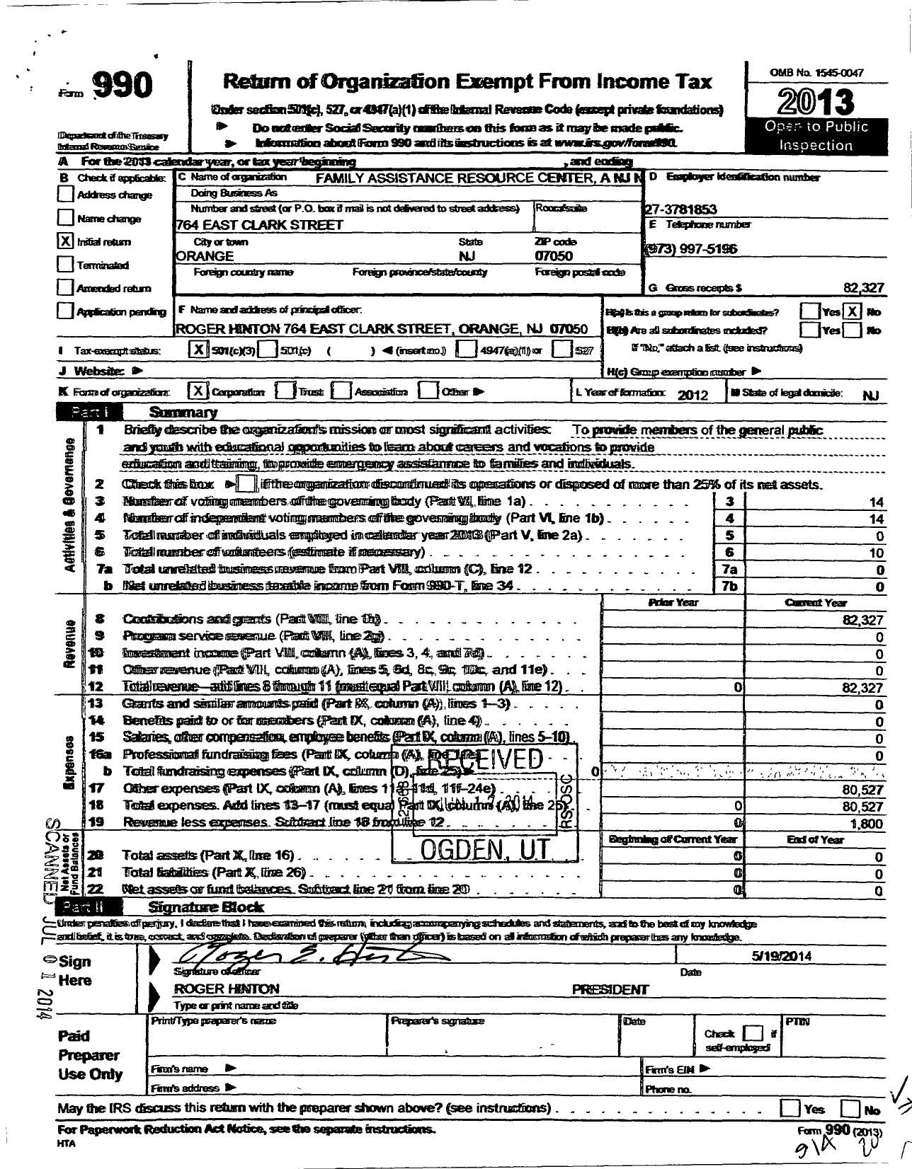 Image of first page of 2013 Form 990 for Family Assistance Resource Center A NJ NP Corporation