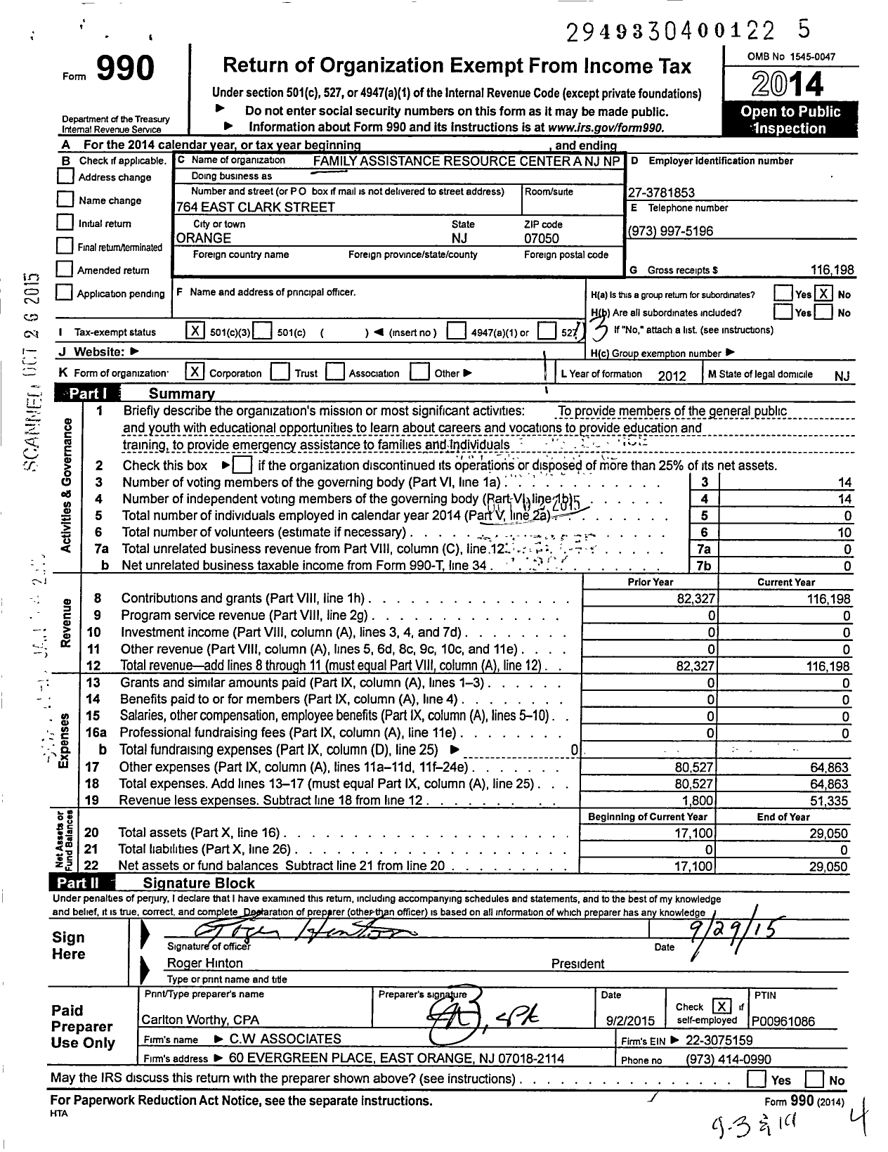 Image of first page of 2014 Form 990 for Family Assistance Resource Center A NJ NP Corporation