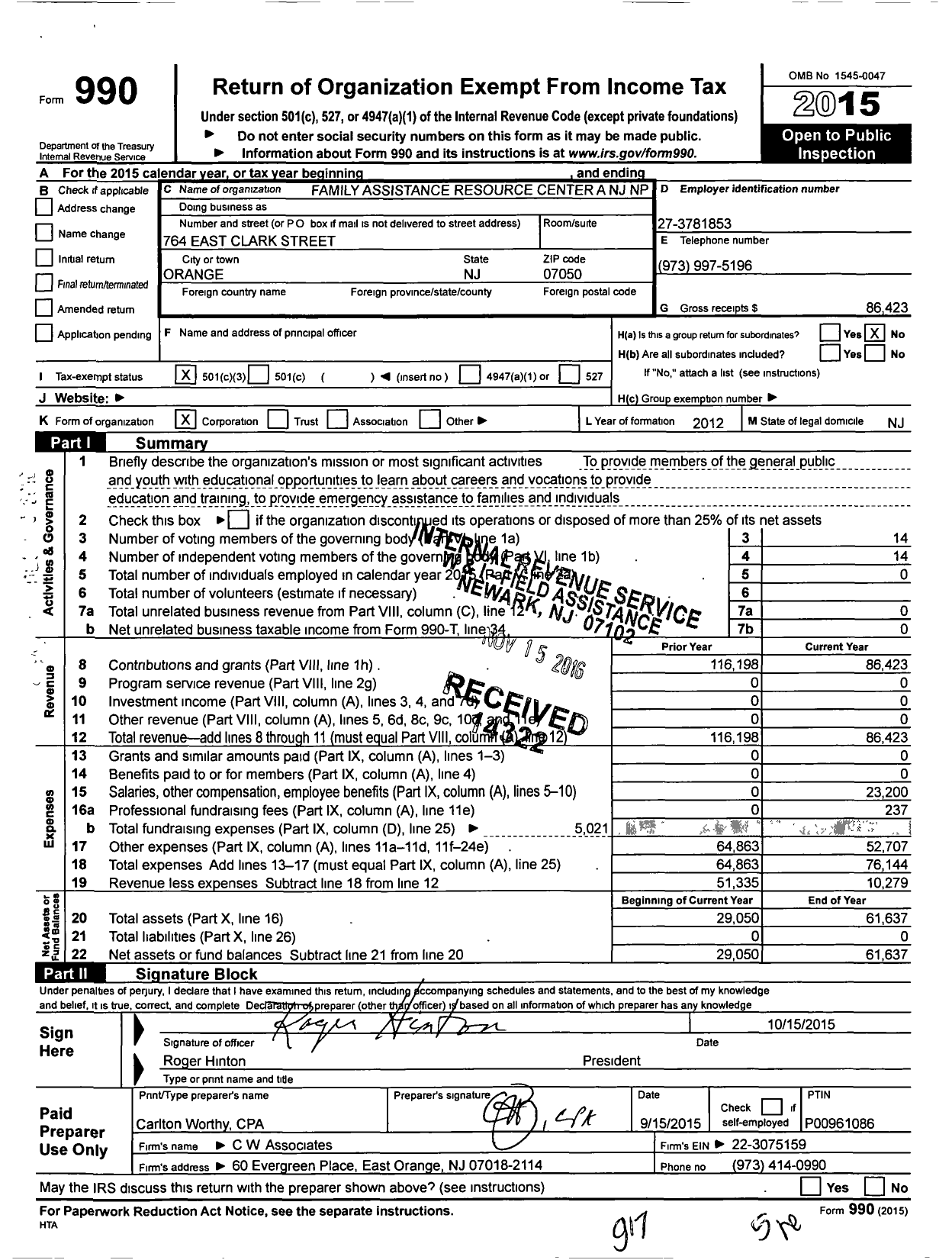 Image of first page of 2015 Form 990 for Family Assistance Resource Center A NJ NP Corporation