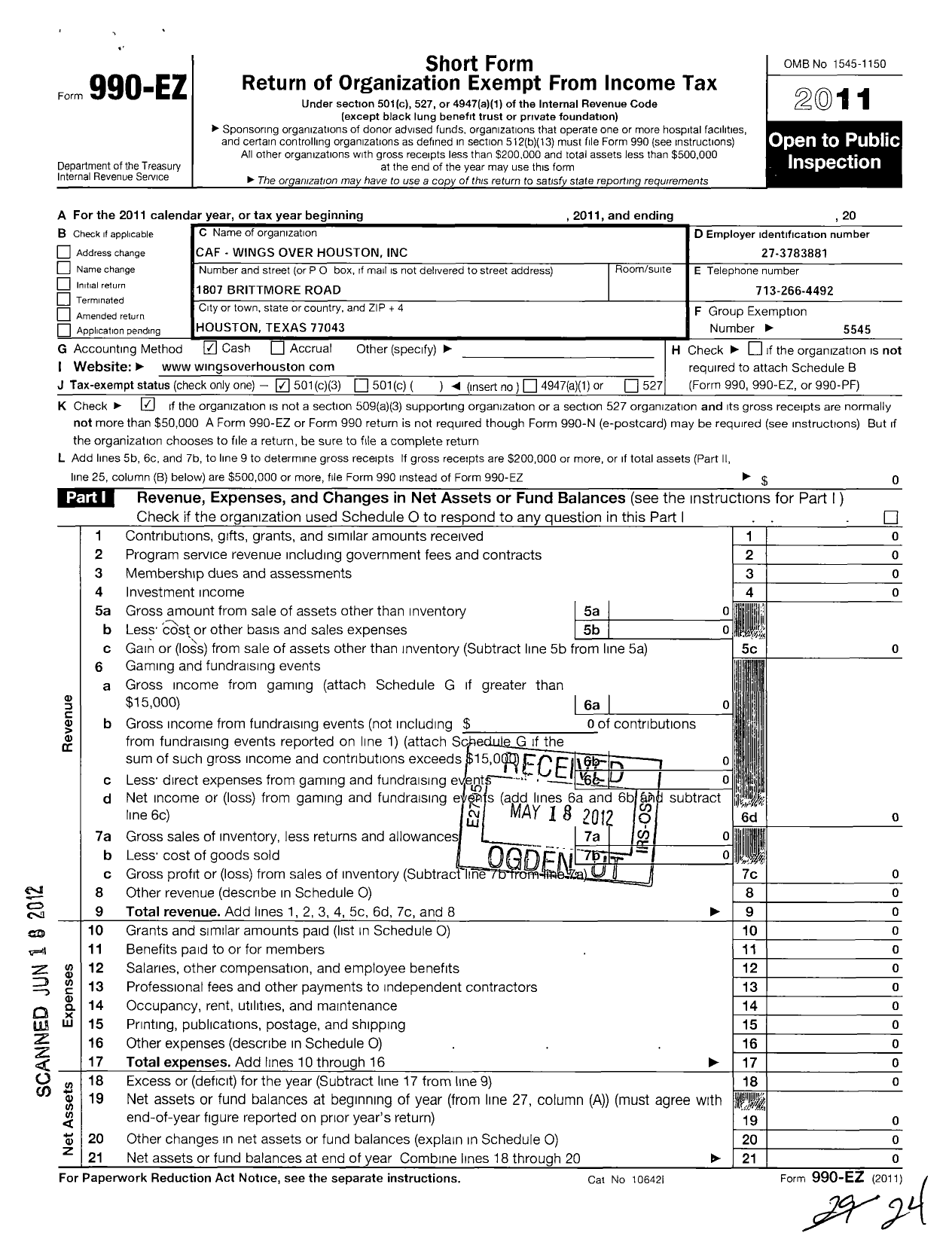 Image of first page of 2011 Form 990EZ for Wings Over Houston