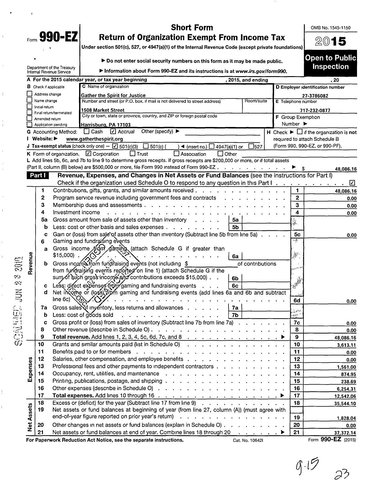 Image of first page of 2015 Form 990EZ for Gather the Spirit for Justice