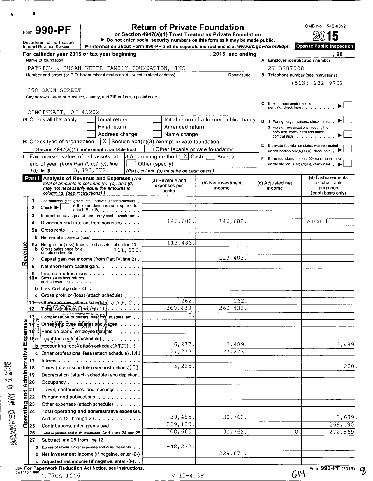 Image of first page of 2015 Form 990PF for Patrick and Susan Keefe Family Foundation