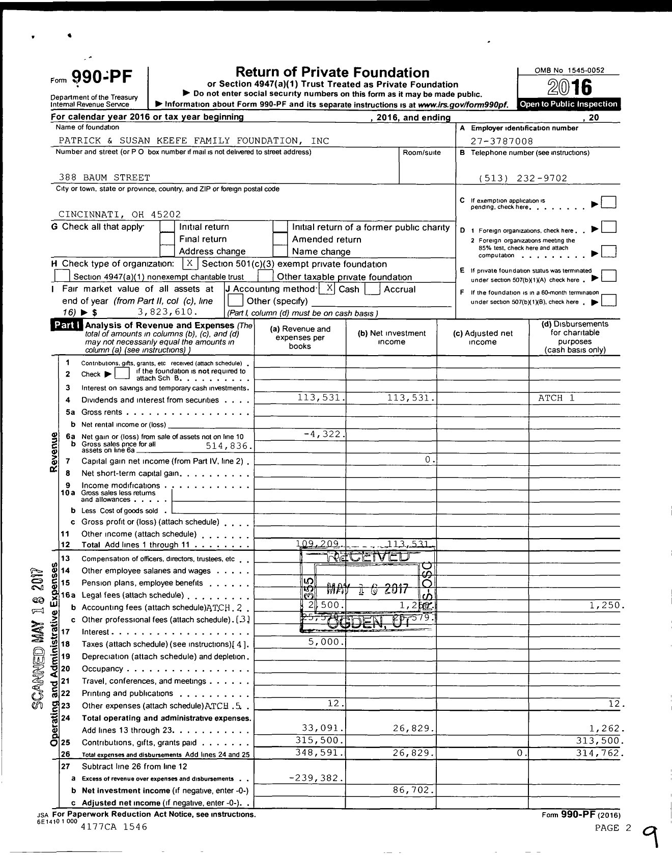 Image of first page of 2016 Form 990PF for Patrick and Susan Keefe Family Foundation