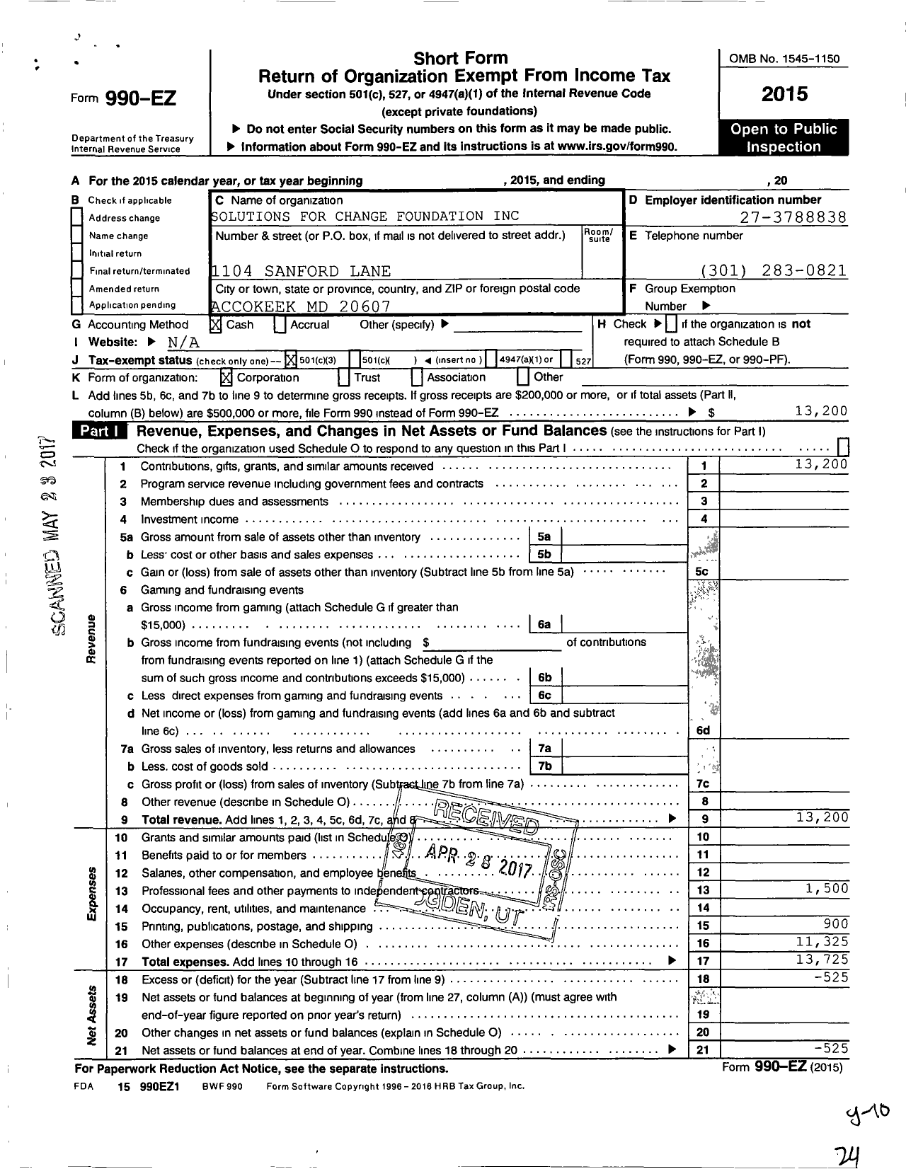 Image of first page of 2015 Form 990EZ for Solutions for Change Foundation