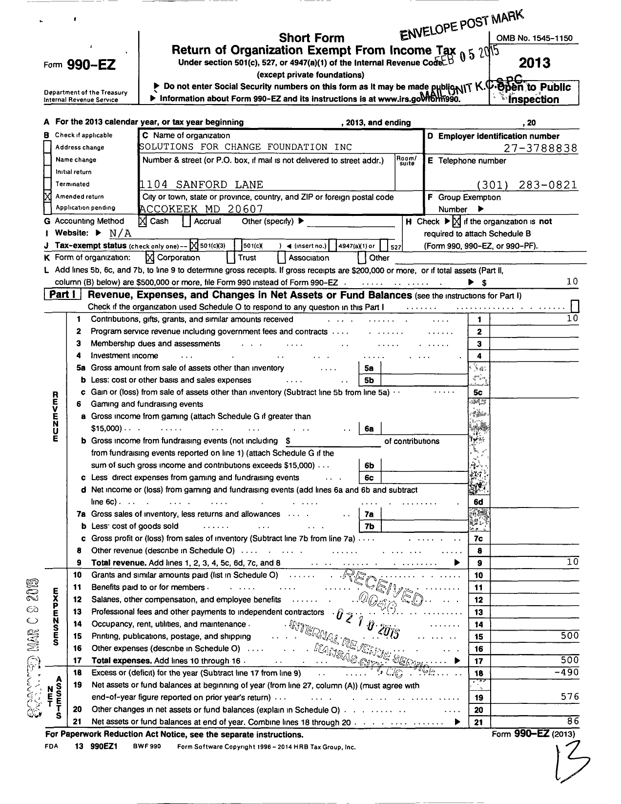 Image of first page of 2013 Form 990EZ for Solutions for Change Foundation