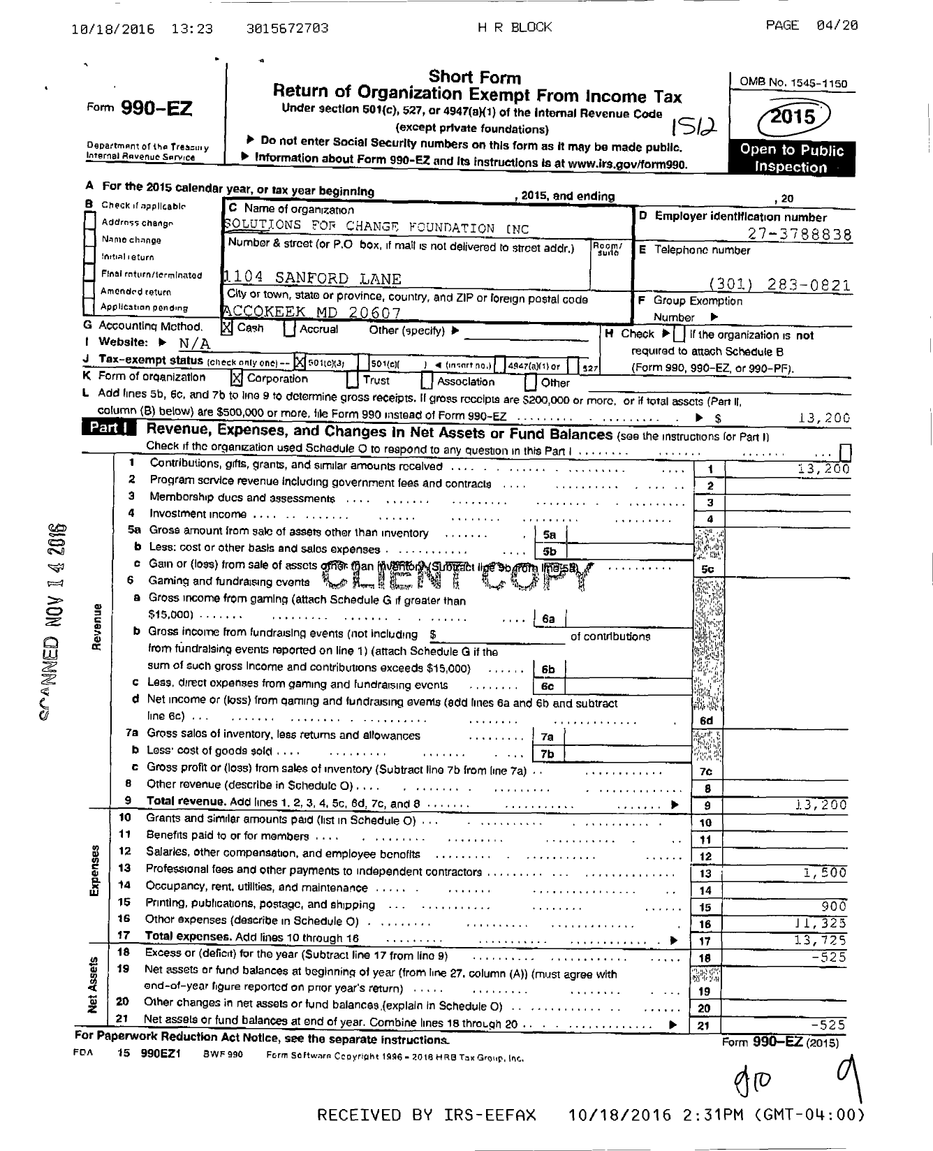 Image of first page of 2015 Form 990EZ for Solutions for Change Foundation