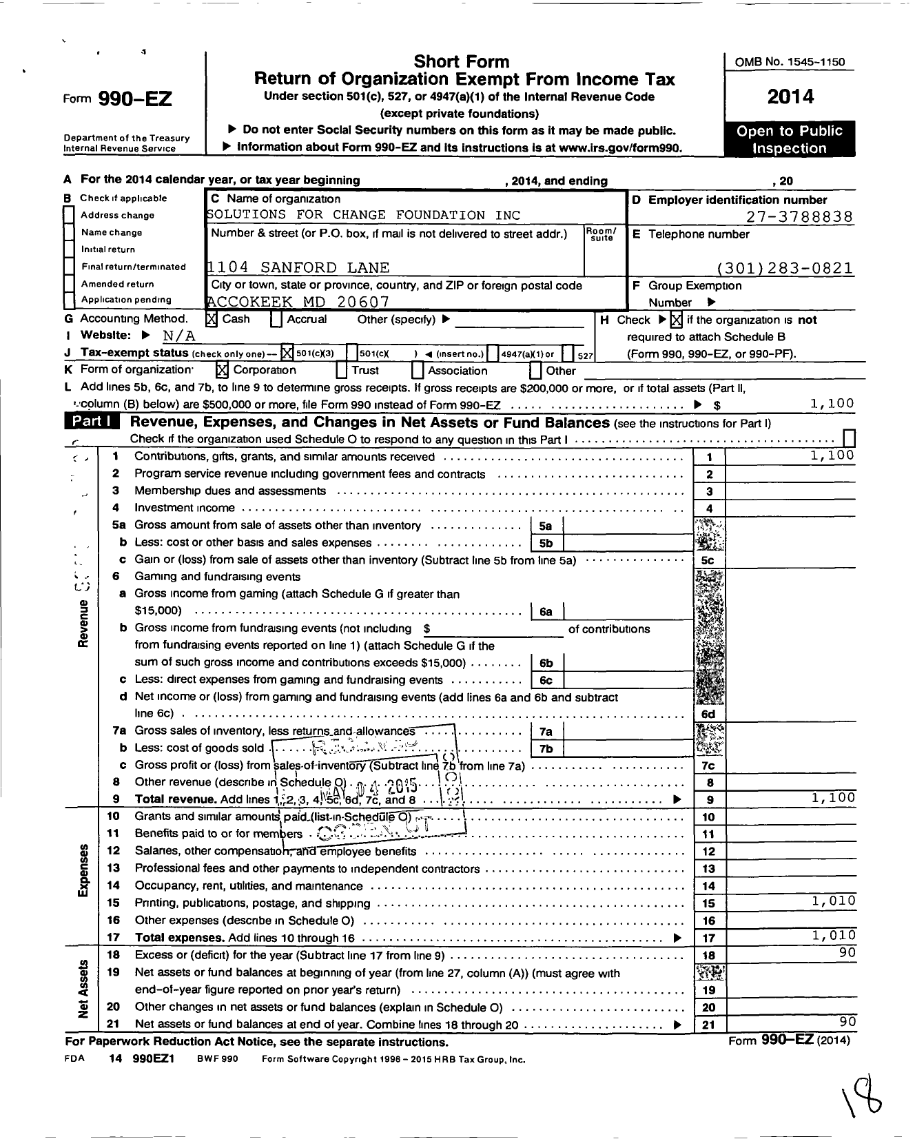 Image of first page of 2014 Form 990EZ for Solutions for Change Foundation