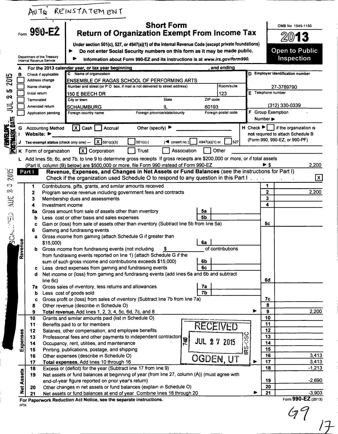 Image of first page of 2013 Form 990EZ for Ensemble of Ragas School of Performing Arts