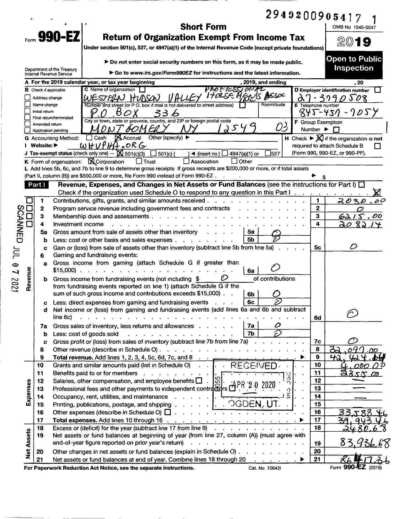 Image of first page of 2019 Form 990EZ for Western Hudson Valley Professional Horsemen's Association