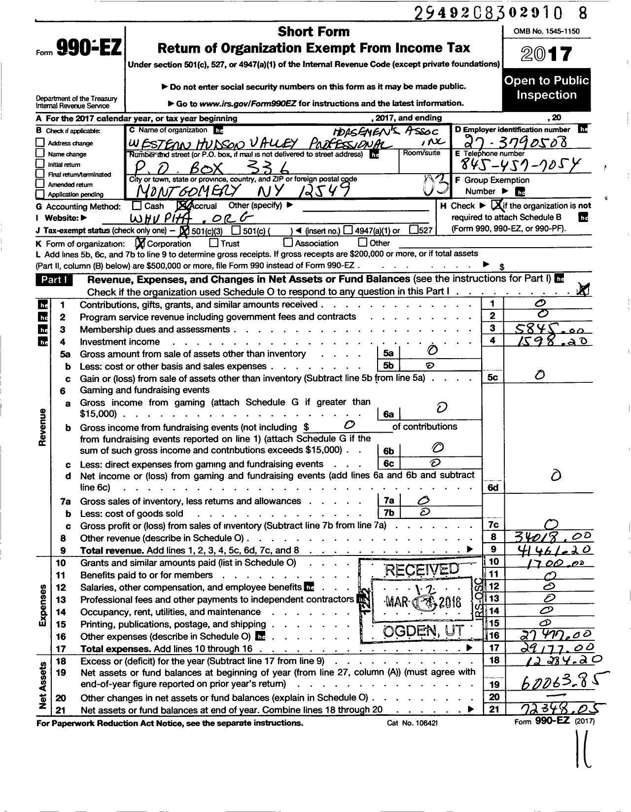 Image of first page of 2017 Form 990EZ for Western Hudson Valley Professional Horsemen's Association