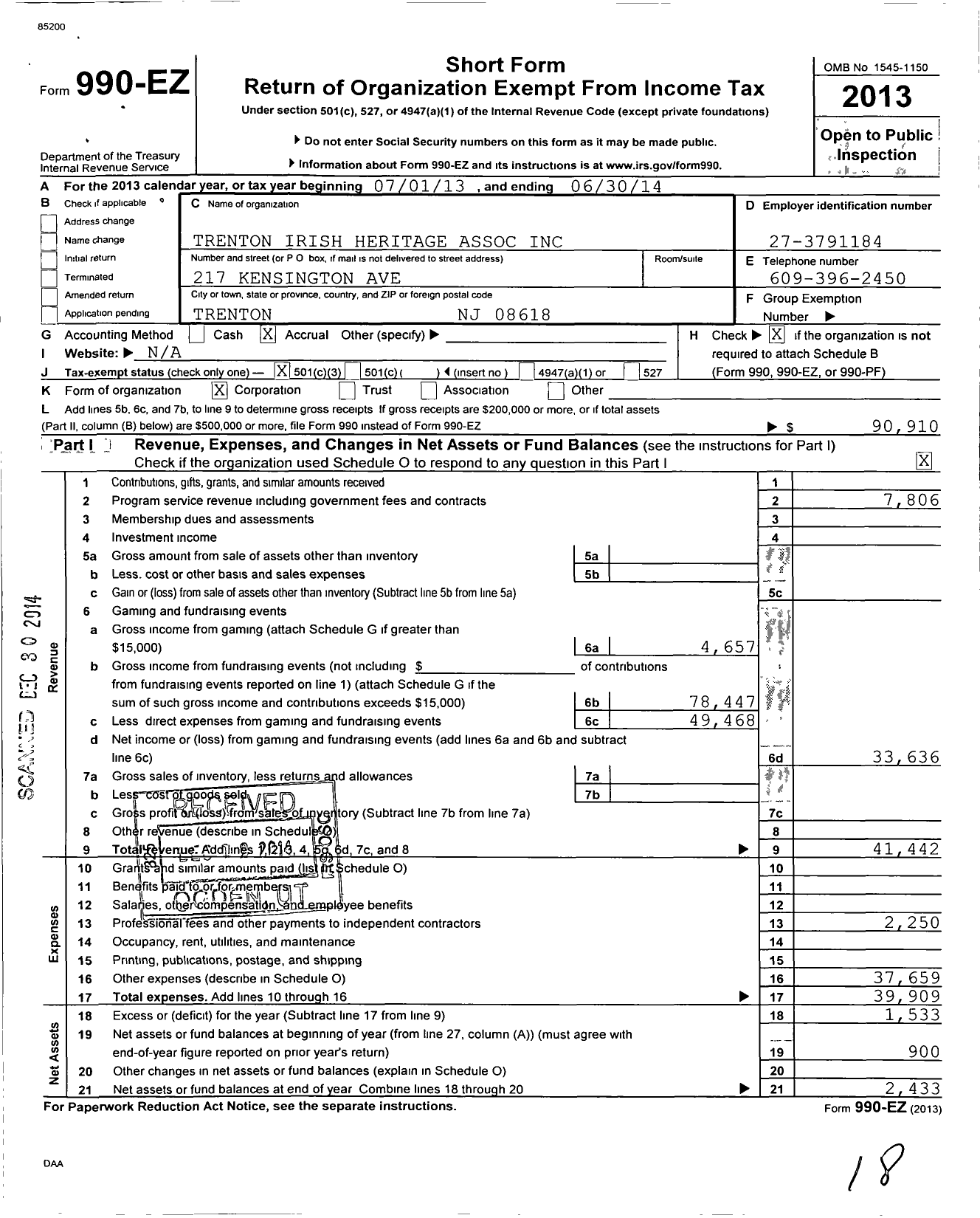 Image of first page of 2013 Form 990EZ for Trenton Irish Heritage Association